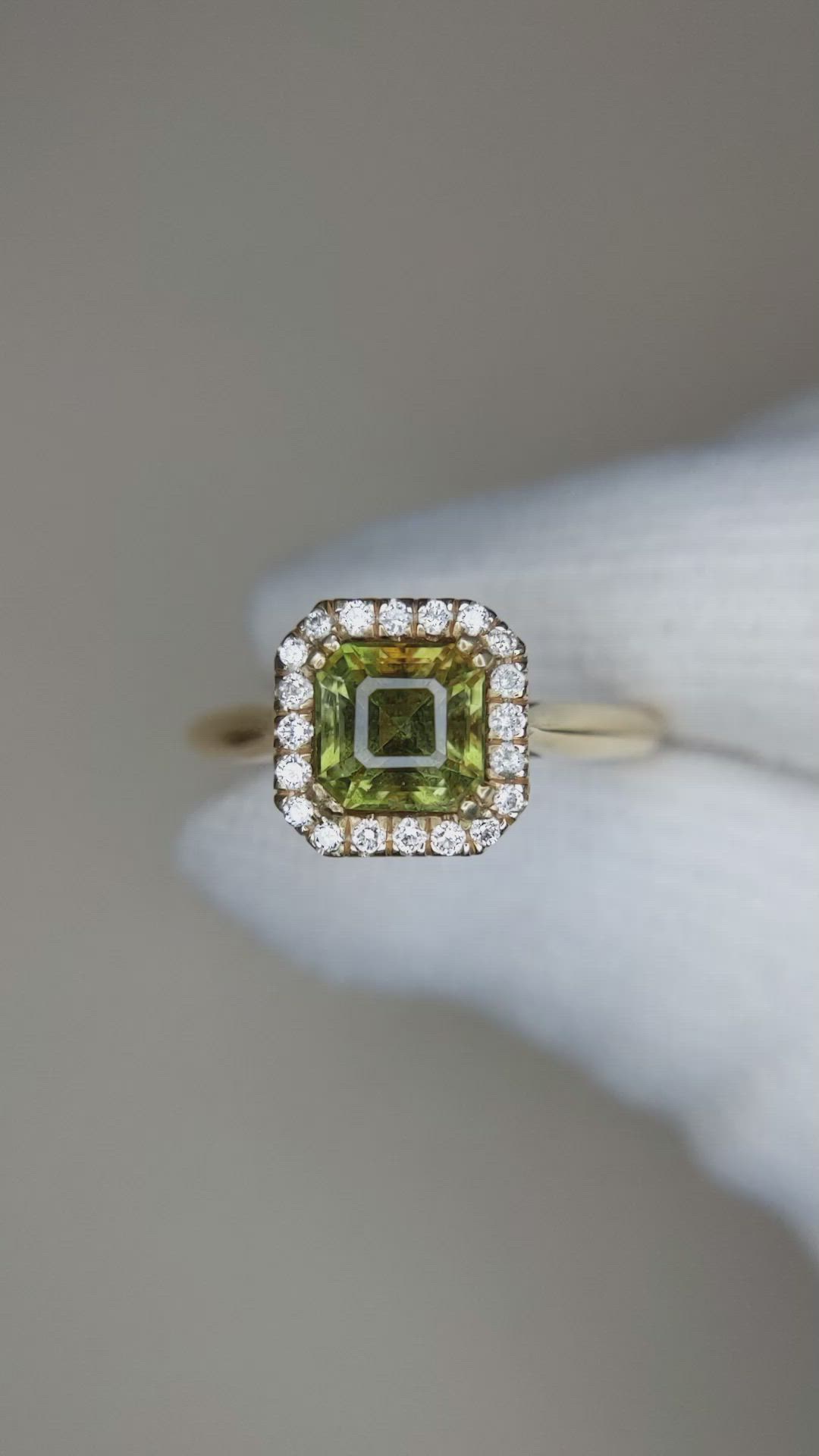 1.43 Ct. Yellowish Green Tourmaline and Natural Diamond Pave Ring, 18K Yellow Gold Size Video