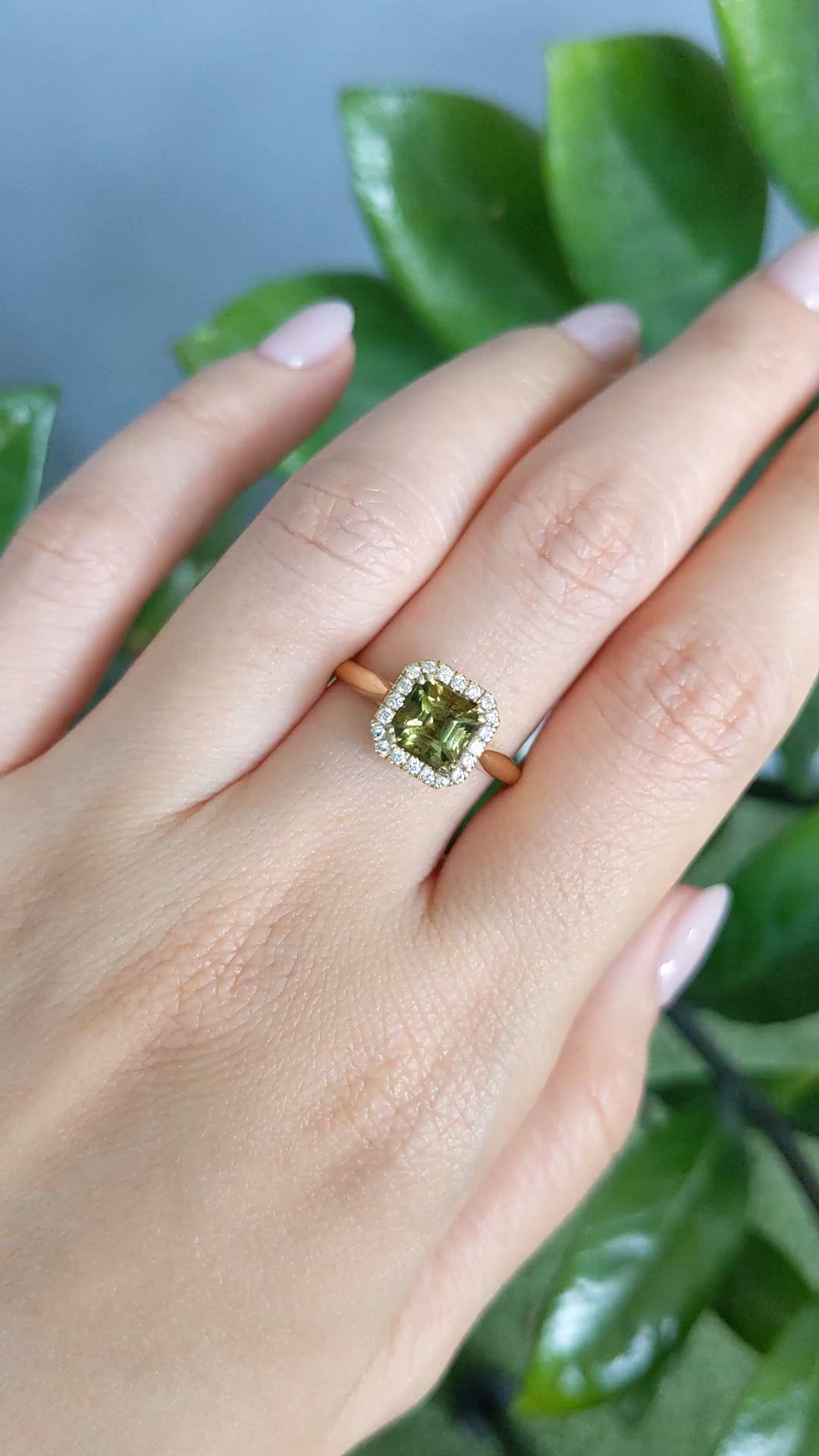 1.43 Ct. Yellowish Green Tourmaline and Natural Diamond Pave Ring, 18K Yellow Gold Size Video
