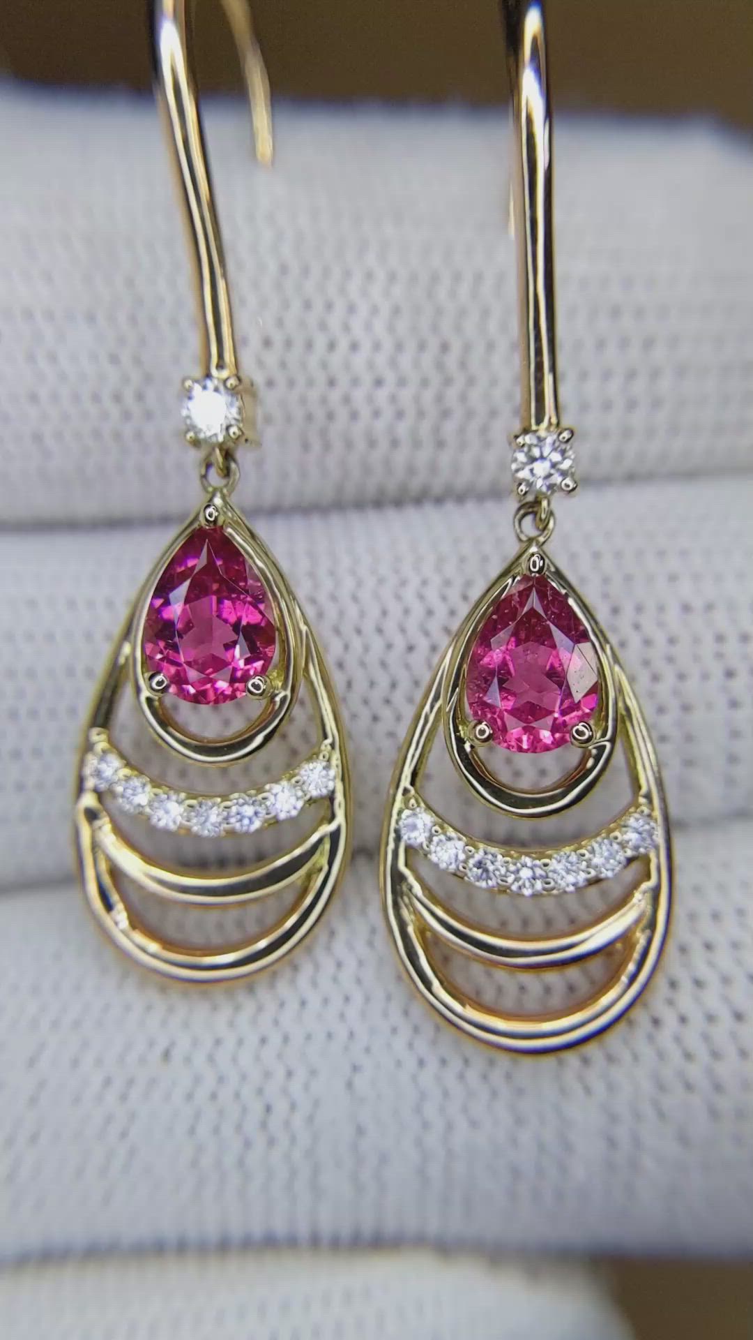 1.49 Ct.Tw.Total Carat Weight Pinkish Red Rubellite Tourmaline and Natural Diamond Drops Earrings, 18K Rose Gold Size Video