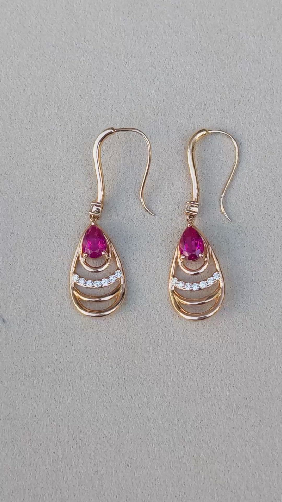 1.49 Ct.Tw.Total Carat Weight Pinkish Red Rubellite Tourmaline and Natural Diamond Drops Earrings, 18K Rose Gold Size Video