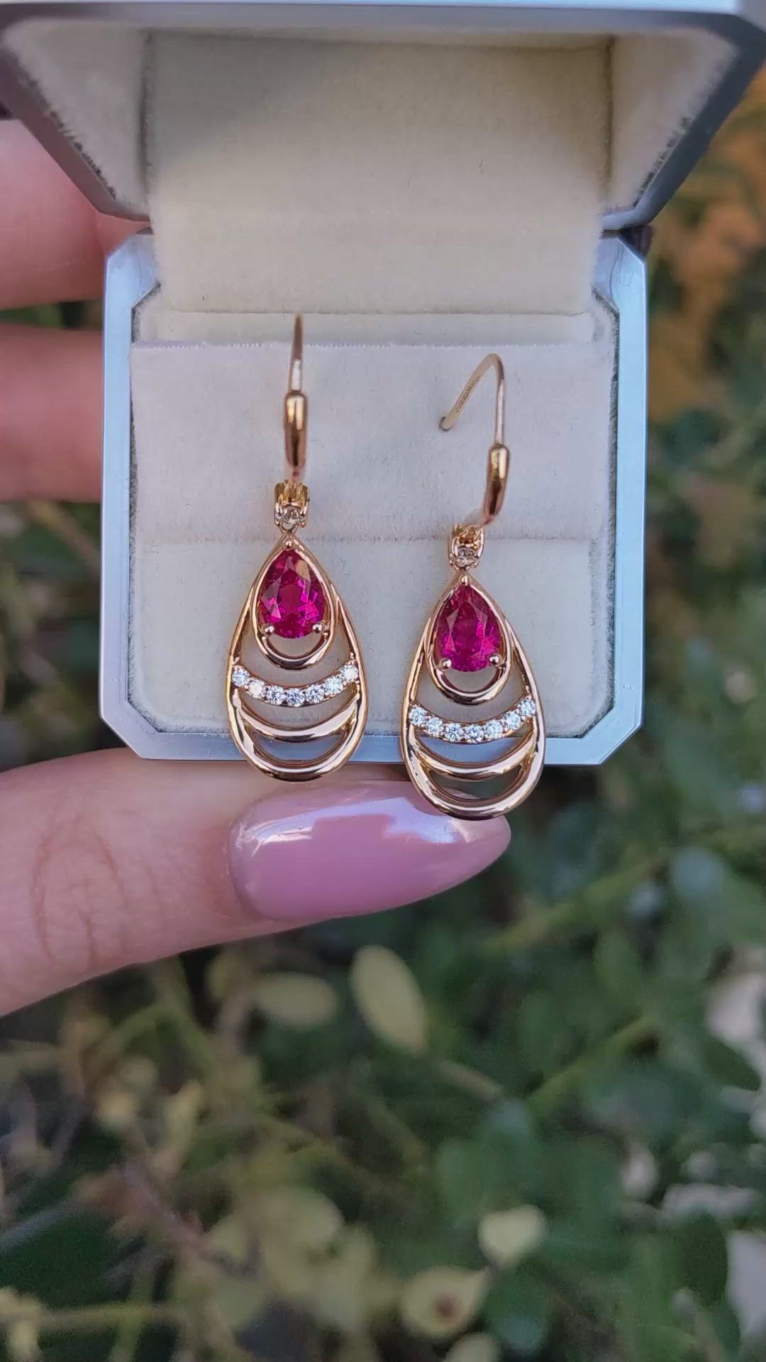 1.49 Ct.Tw.Total Carat Weight Pinkish Red Rubellite Tourmaline and Natural Diamond Drops Earrings, 18K Rose Gold Size Video