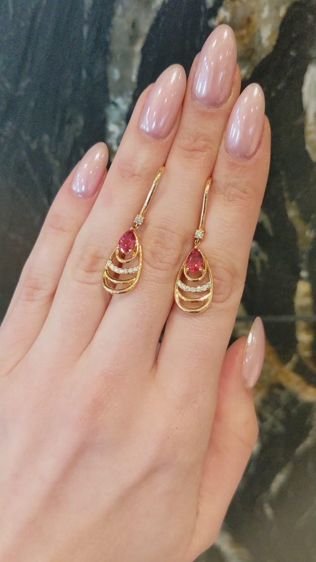 1.49 Ct.Tw.Total Carat Weight Pinkish Red Rubellite Tourmaline and Natural Diamond Drops Earrings, 18K Rose Gold Size Video