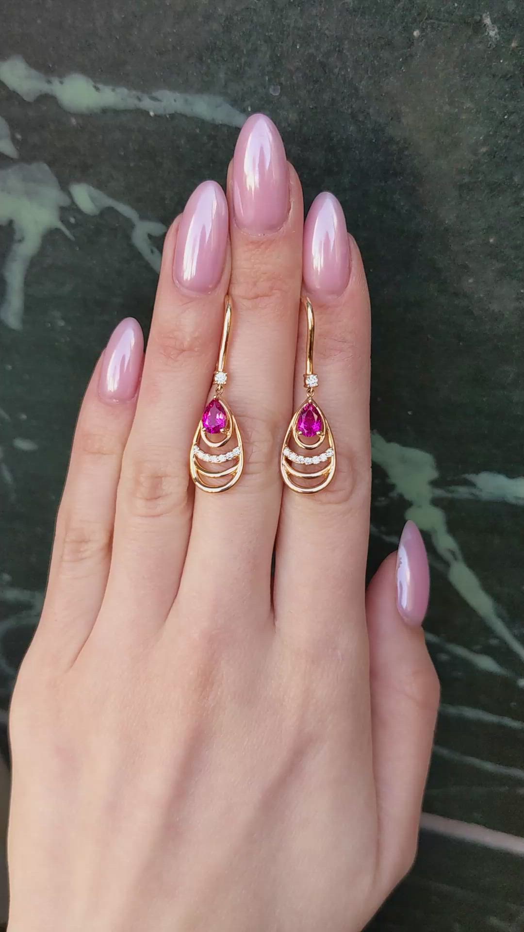 1.49 Ct.Tw.Total Carat Weight Pinkish Red Rubellite Tourmaline and Natural Diamond Drops Earrings, 18K Rose Gold Size Video