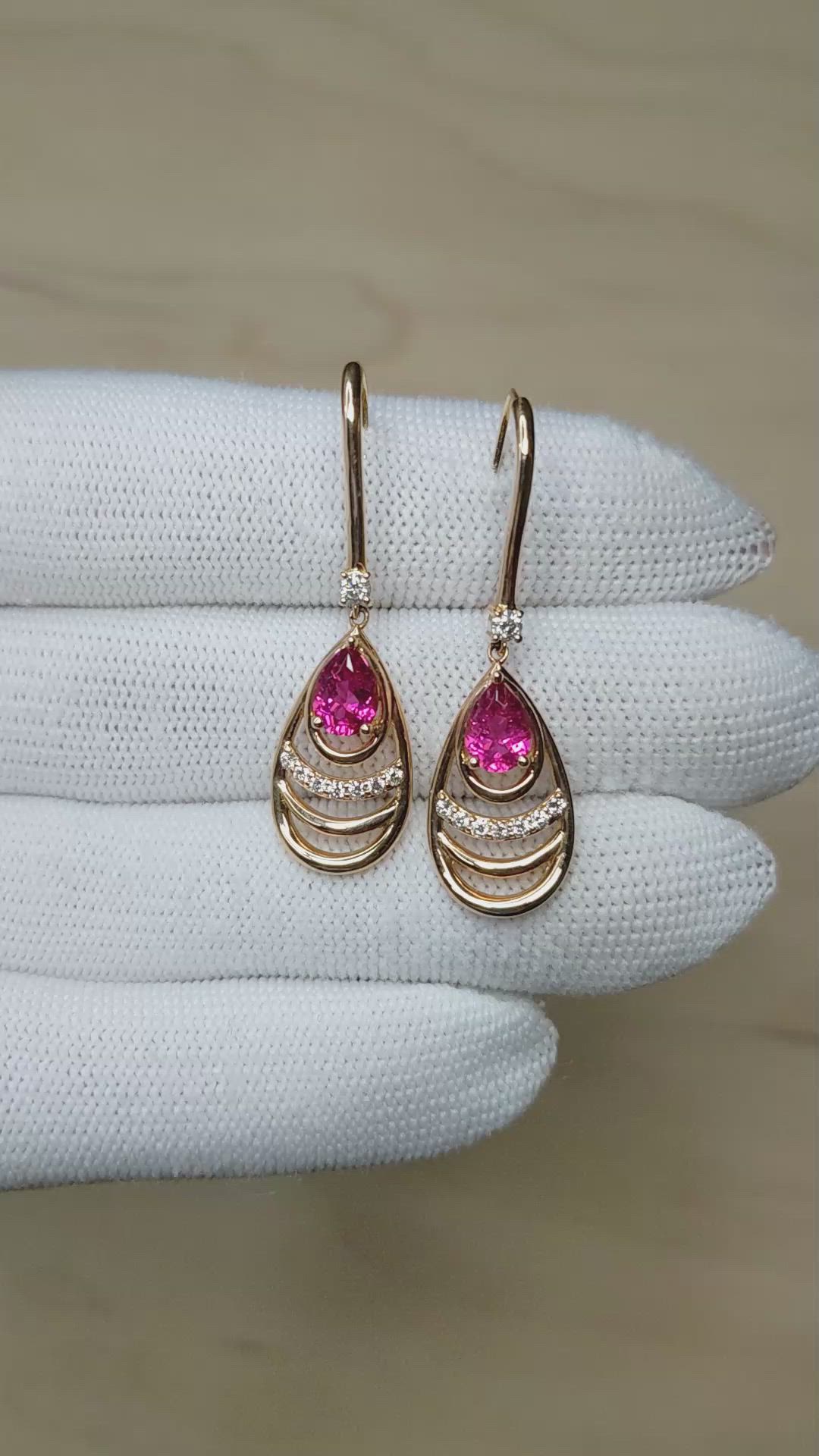 1.49 Ct.Tw.Total Carat Weight Pinkish Red Rubellite Tourmaline and Natural Diamond Drops Earrings, 18K Rose Gold Size Video
