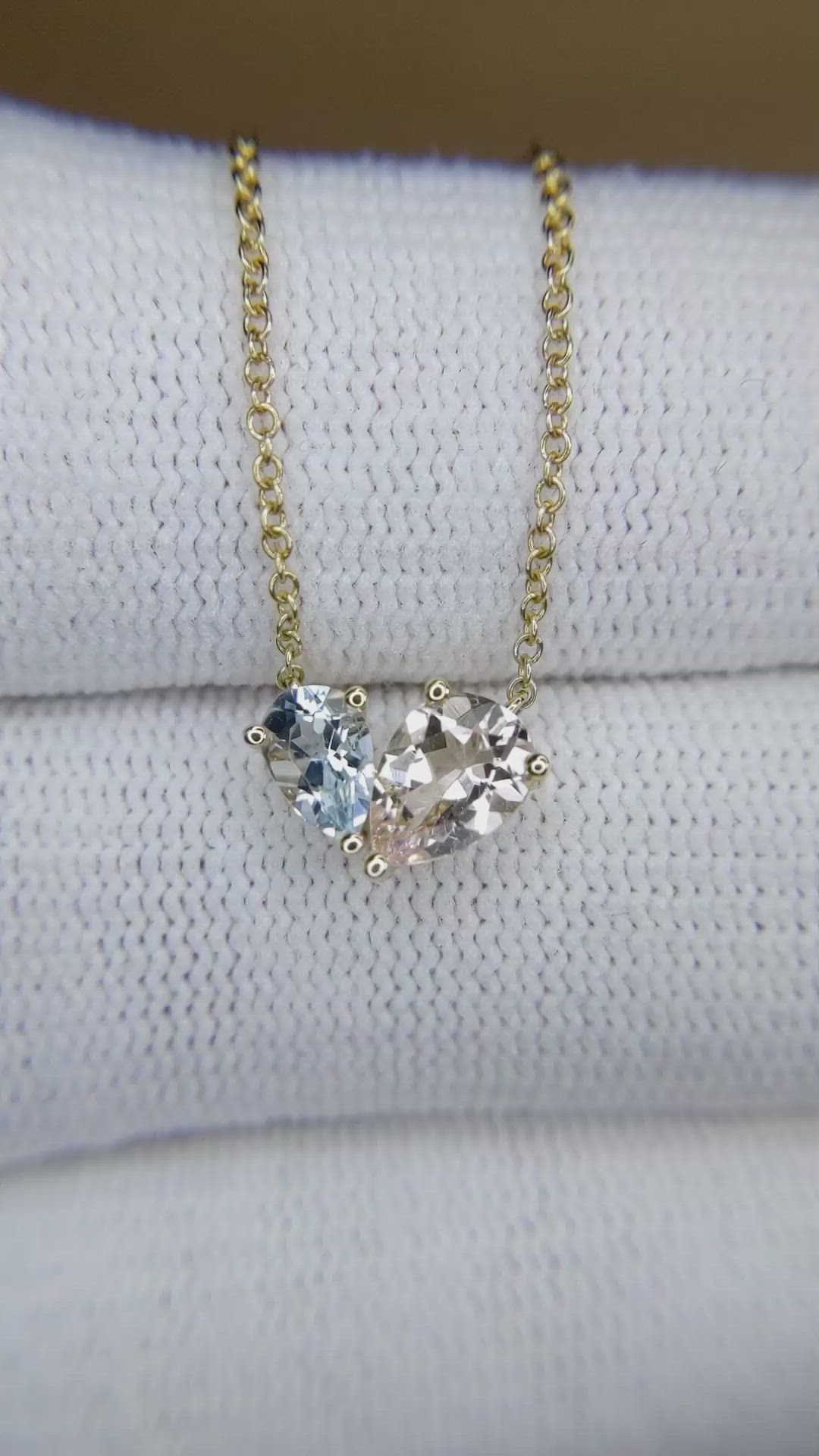 1.07&nbsp;Ct.Tw.Total Carat Weight Peach Morganite and Blue Aquamarine Multi Stone Necklace, 14K Yellow Gold Size Video