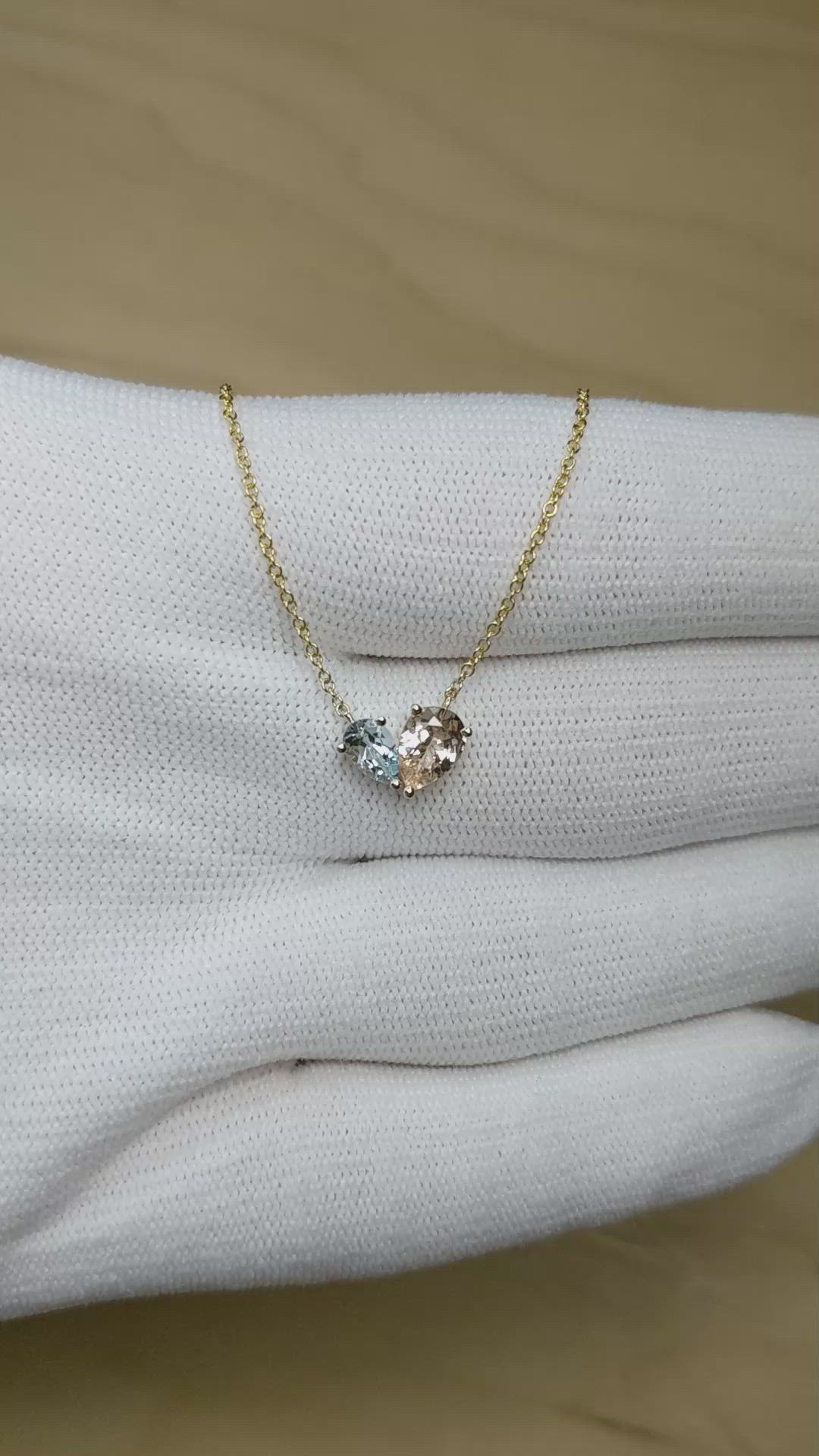 1.07&nbsp;Ct.Tw.Total Carat Weight Peach Morganite and Blue Aquamarine Multi Stone Necklace, 14K Yellow Gold Size Video