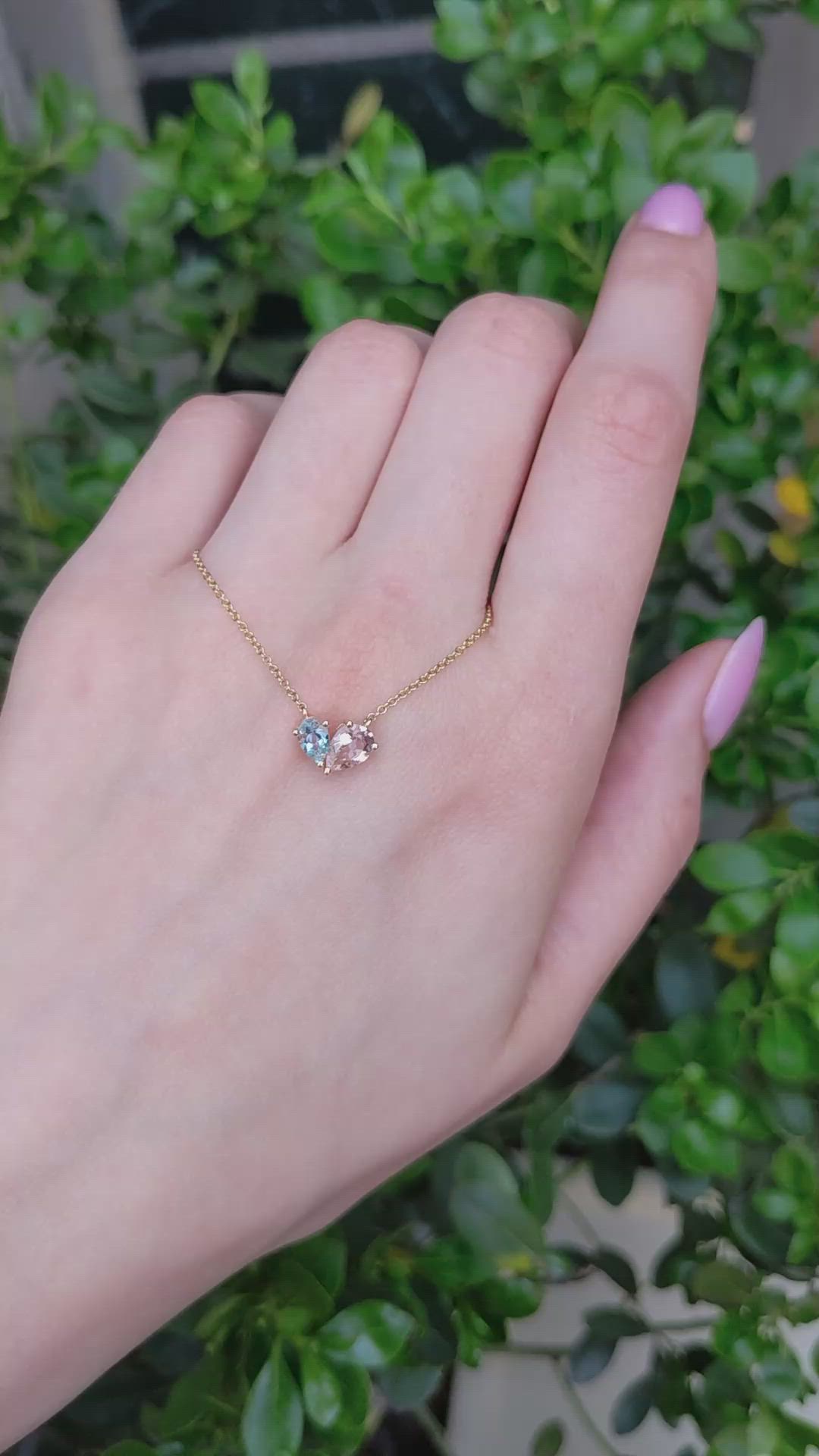 1.07&nbsp;Ct.Tw.Total Carat Weight Peach Morganite and Blue Aquamarine Multi Stone Necklace, 14K Yellow Gold Size Video