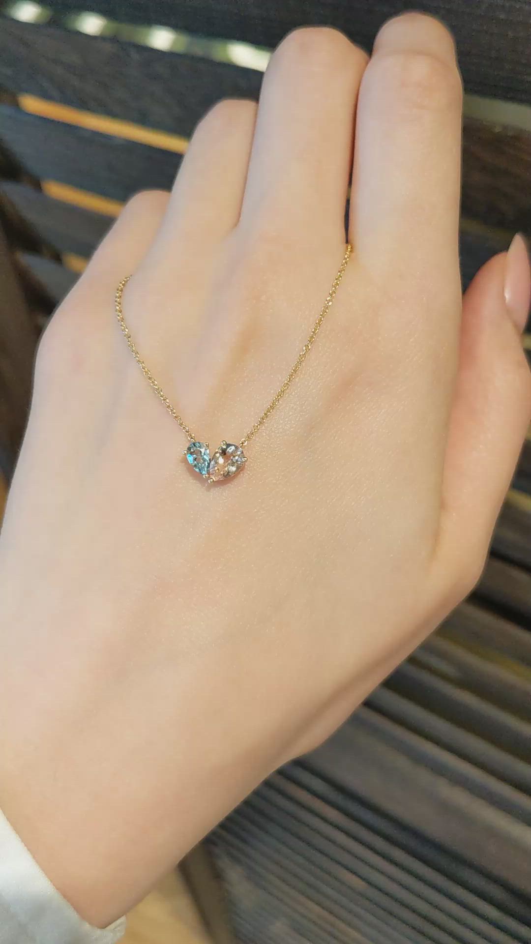 1.07&nbsp;Ct.Tw.Total Carat Weight Peach Morganite and Blue Aquamarine Multi Stone Necklace, 14K Yellow Gold Size Video