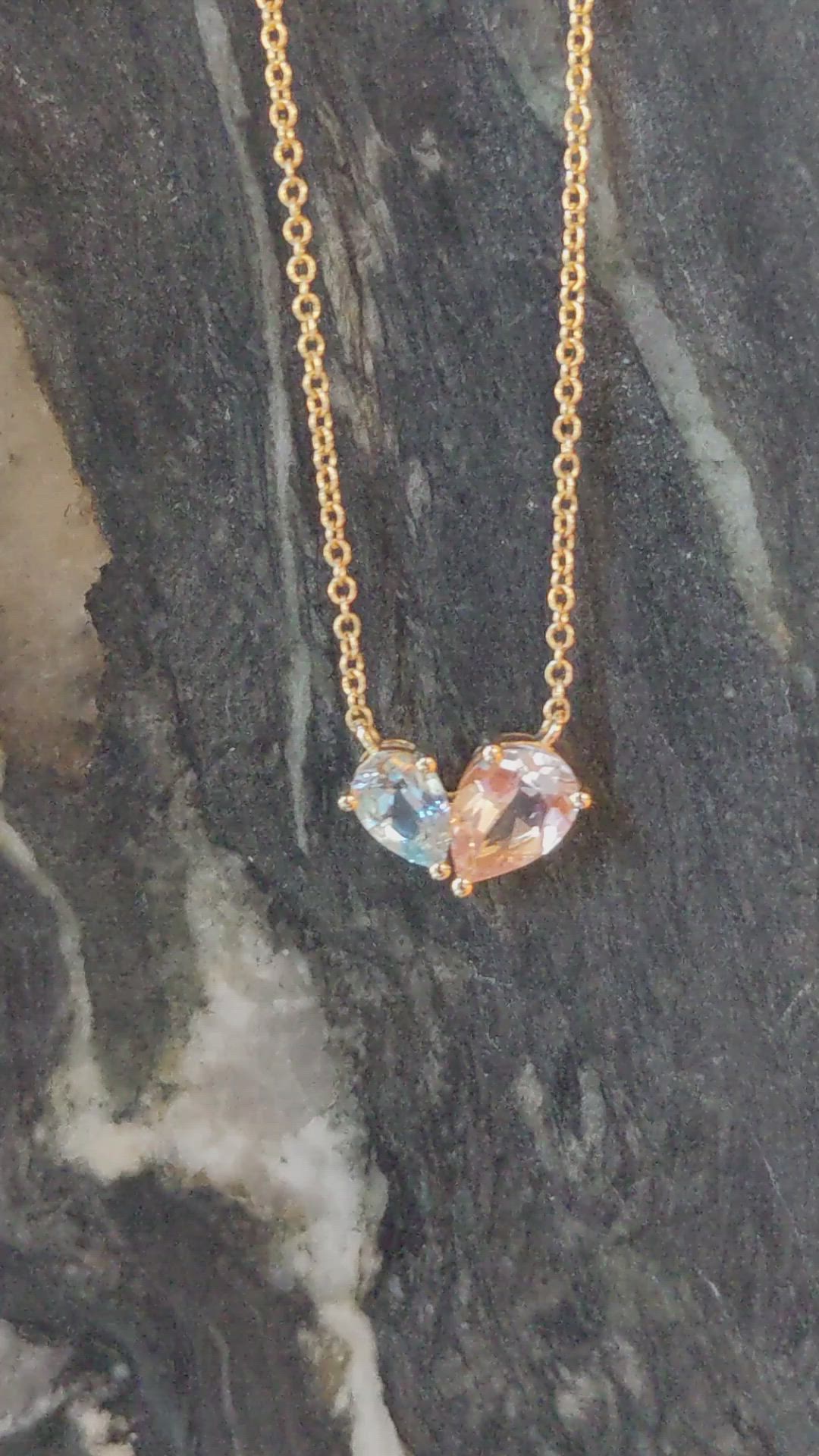 1.07&nbsp;Ct.Tw.Total Carat Weight Peach Morganite and Blue Aquamarine Multi Stone Necklace, 14K Yellow Gold Size Video
