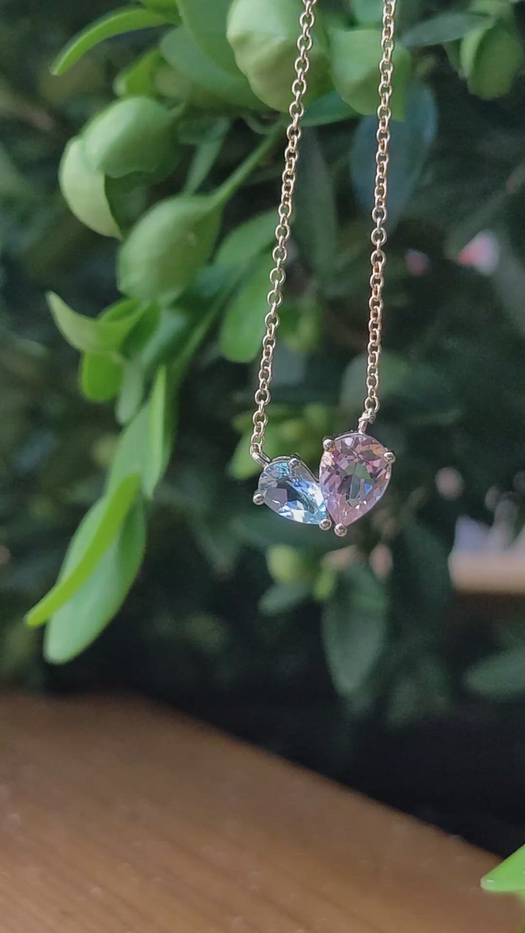 1.07&nbsp;Ct.Tw.Total Carat Weight Peach Morganite and Blue Aquamarine Multi Stone Necklace, 14K Yellow Gold Size Video