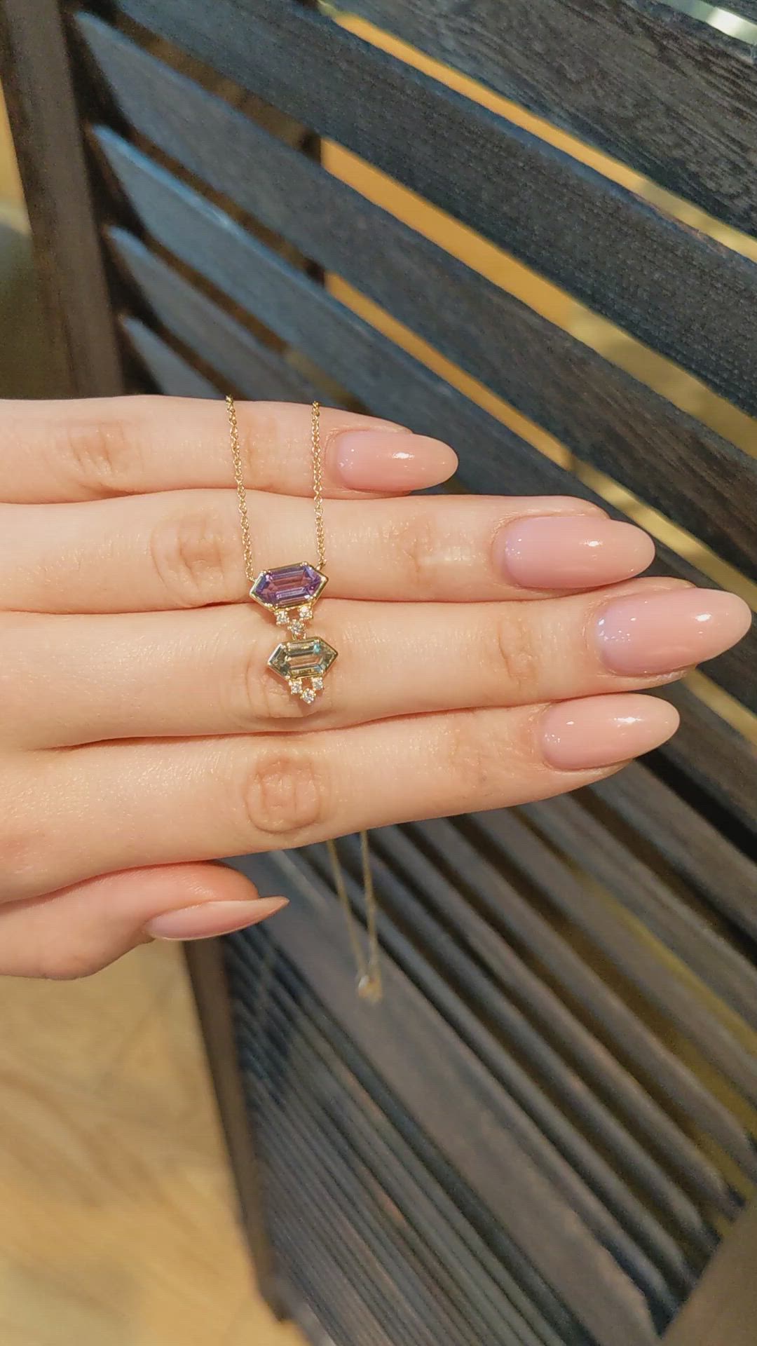 1.38 Ct.Tw.Total Carat Weight Purple Amethyst, Green Prasiolite and Natural Diamond Bezel Necklace, 14K Yellow Gold Size Video