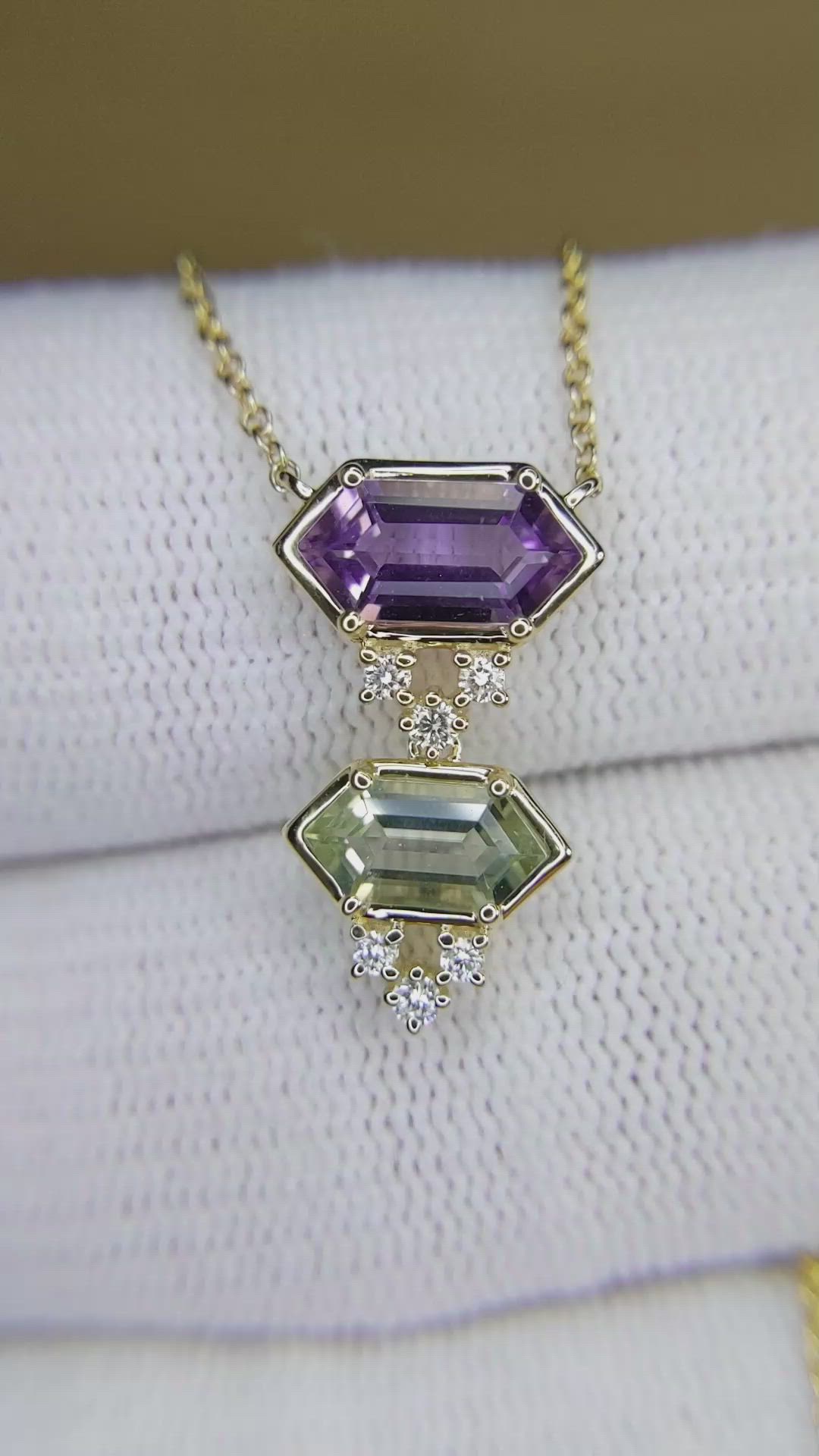 1.38 Ct.Tw.Total Carat Weight Purple Amethyst, Green Prasiolite and Natural Diamond Bezel Necklace, 14K Yellow Gold Size Video