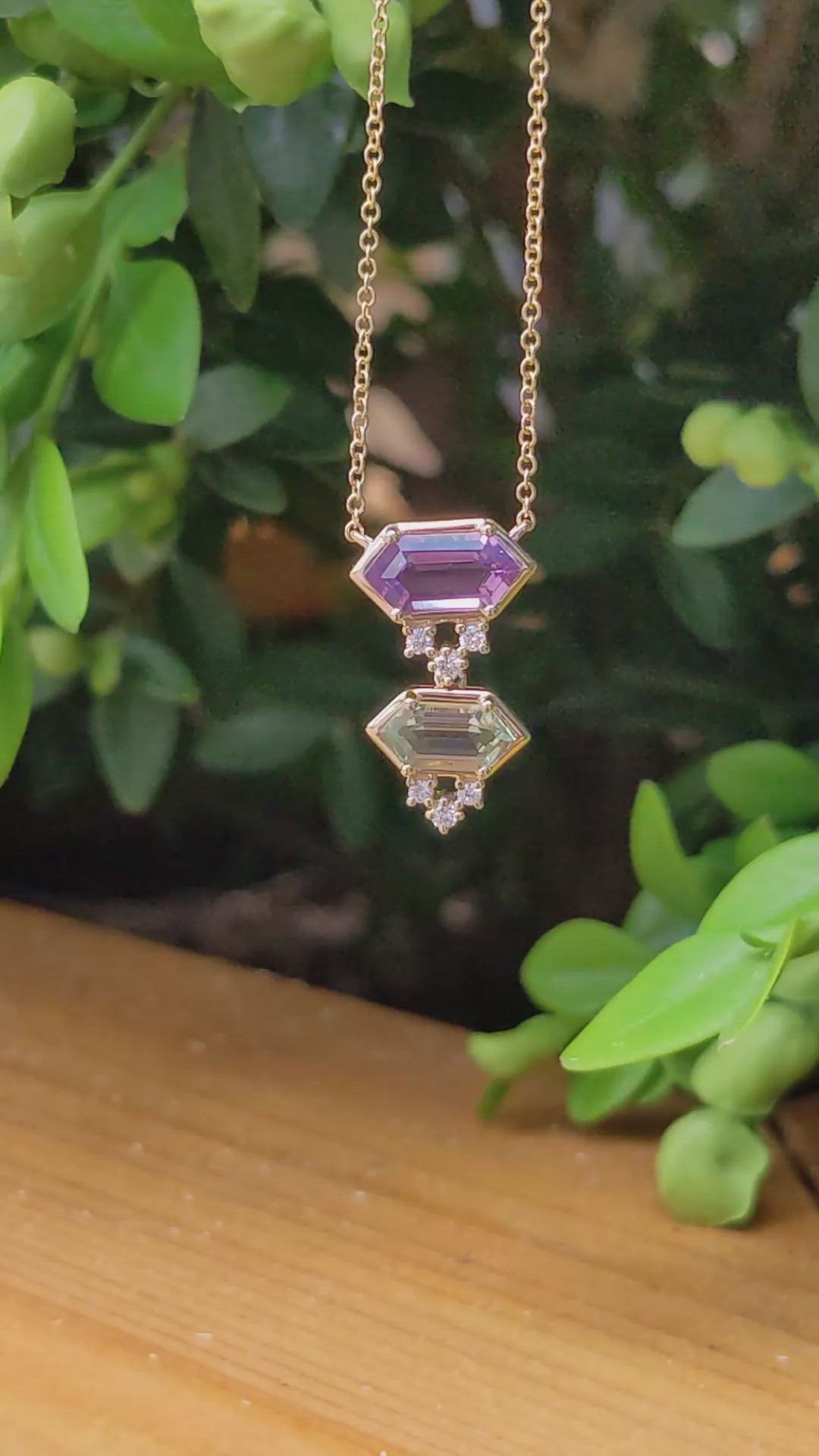 1.38 Ct.Tw.Total Carat Weight Purple Amethyst, Green Prasiolite and Natural Diamond Bezel Necklace, 14K Yellow Gold Size Video