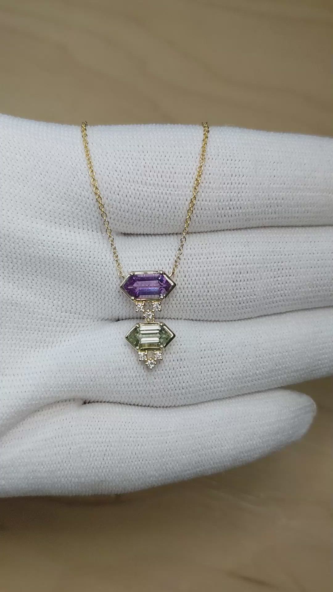1.38 Ct.Tw.Total Carat Weight Purple Amethyst, Green Prasiolite and Natural Diamond Bezel Necklace, 14K Yellow Gold Size Video