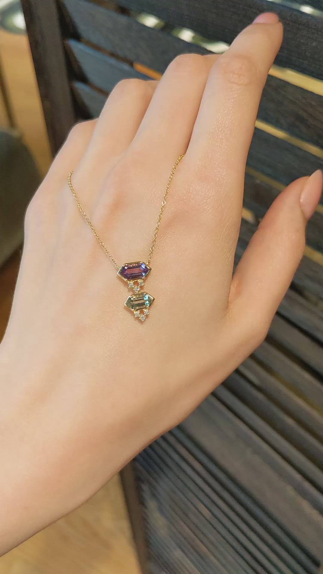 1.38 Ct.Tw.Total Carat Weight Purple Amethyst, Green Prasiolite and Natural Diamond Bezel Necklace, 14K Yellow Gold Size Video