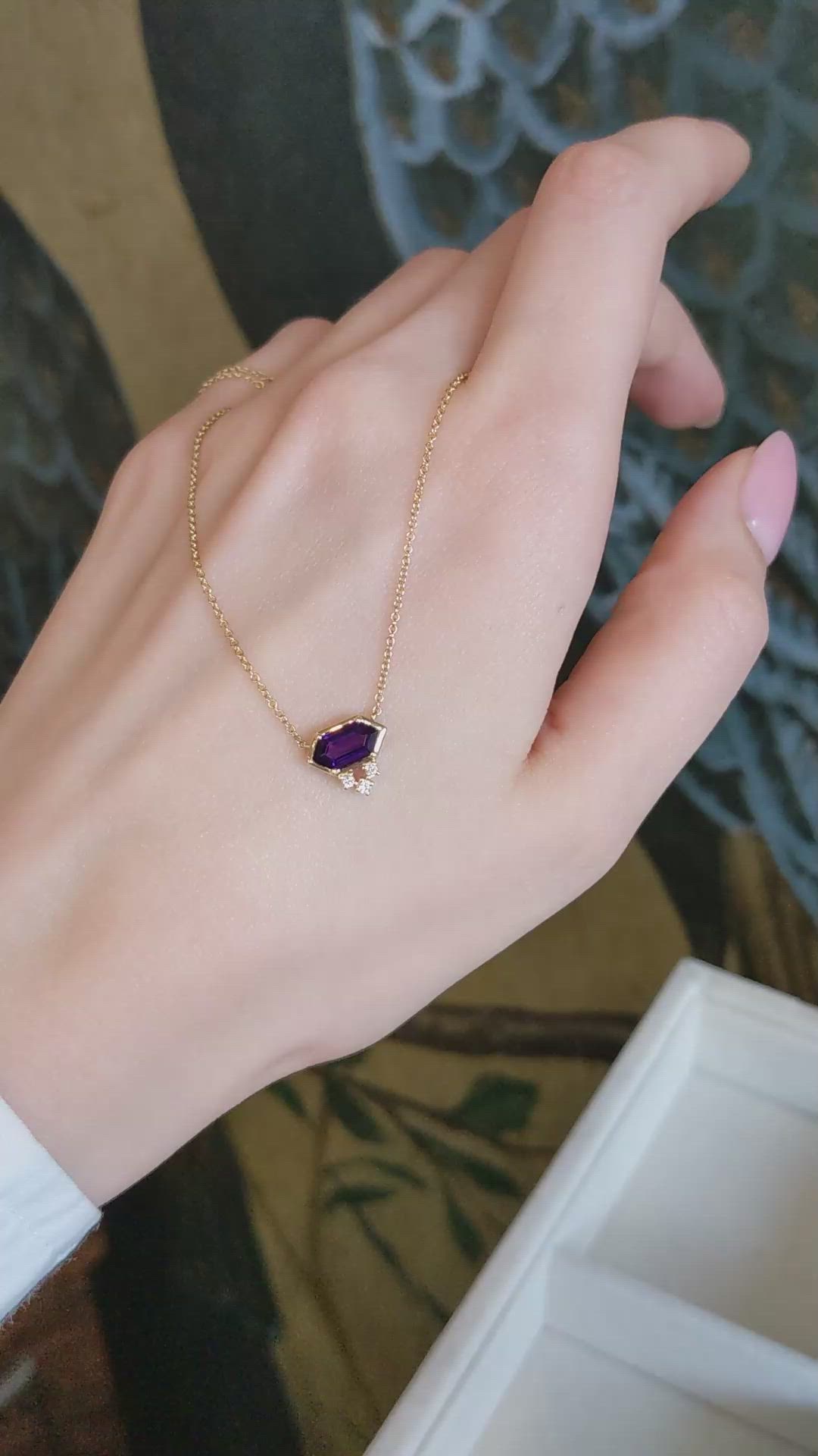 0.90 Ct. Purple Amethyst and Natural Diamond Bezel Necklace, 14K Yellow Gold Size Video