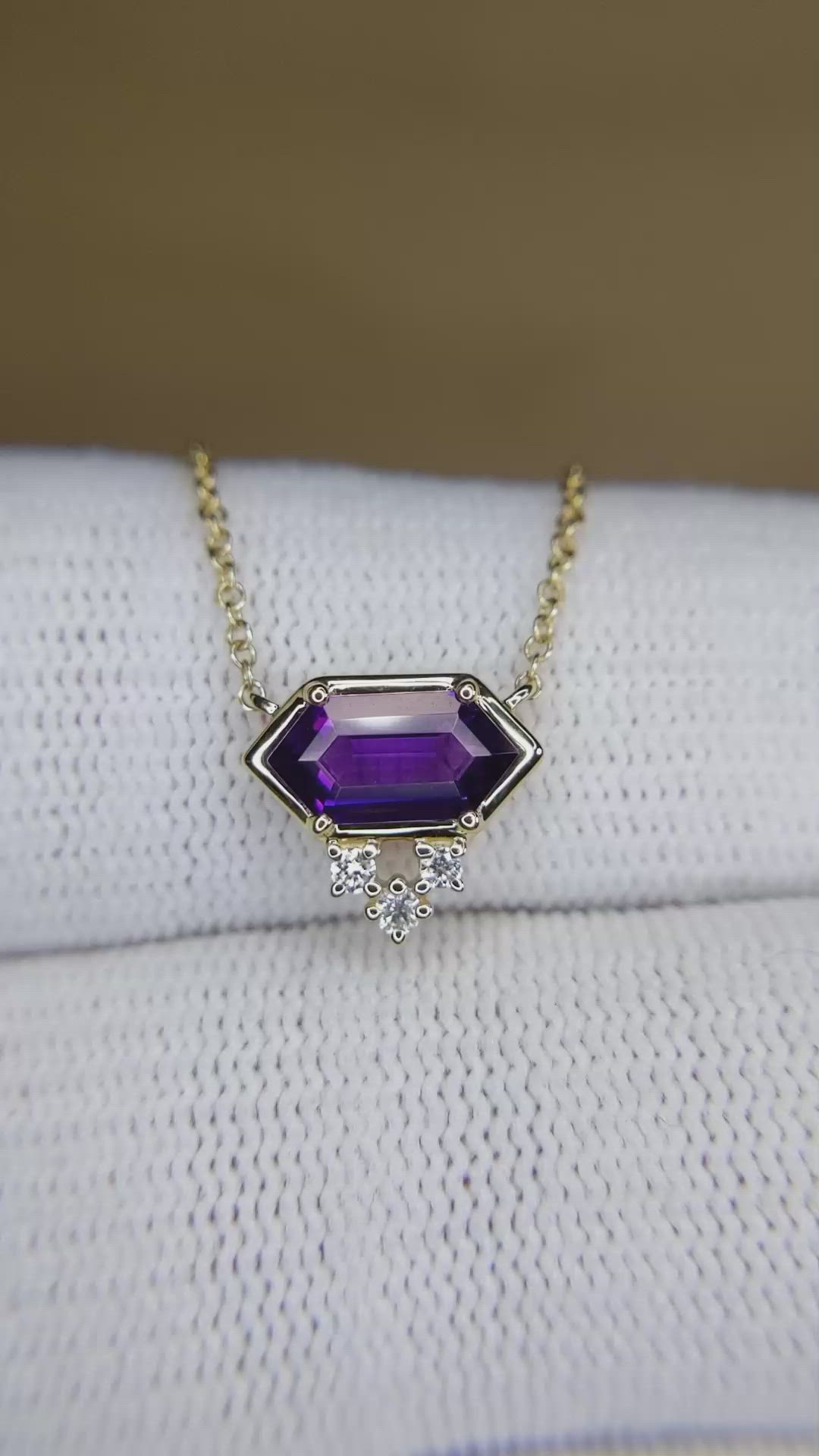 0.90 Ct. Purple Amethyst and Natural Diamond Bezel Necklace, 14K Yellow Gold Size Video