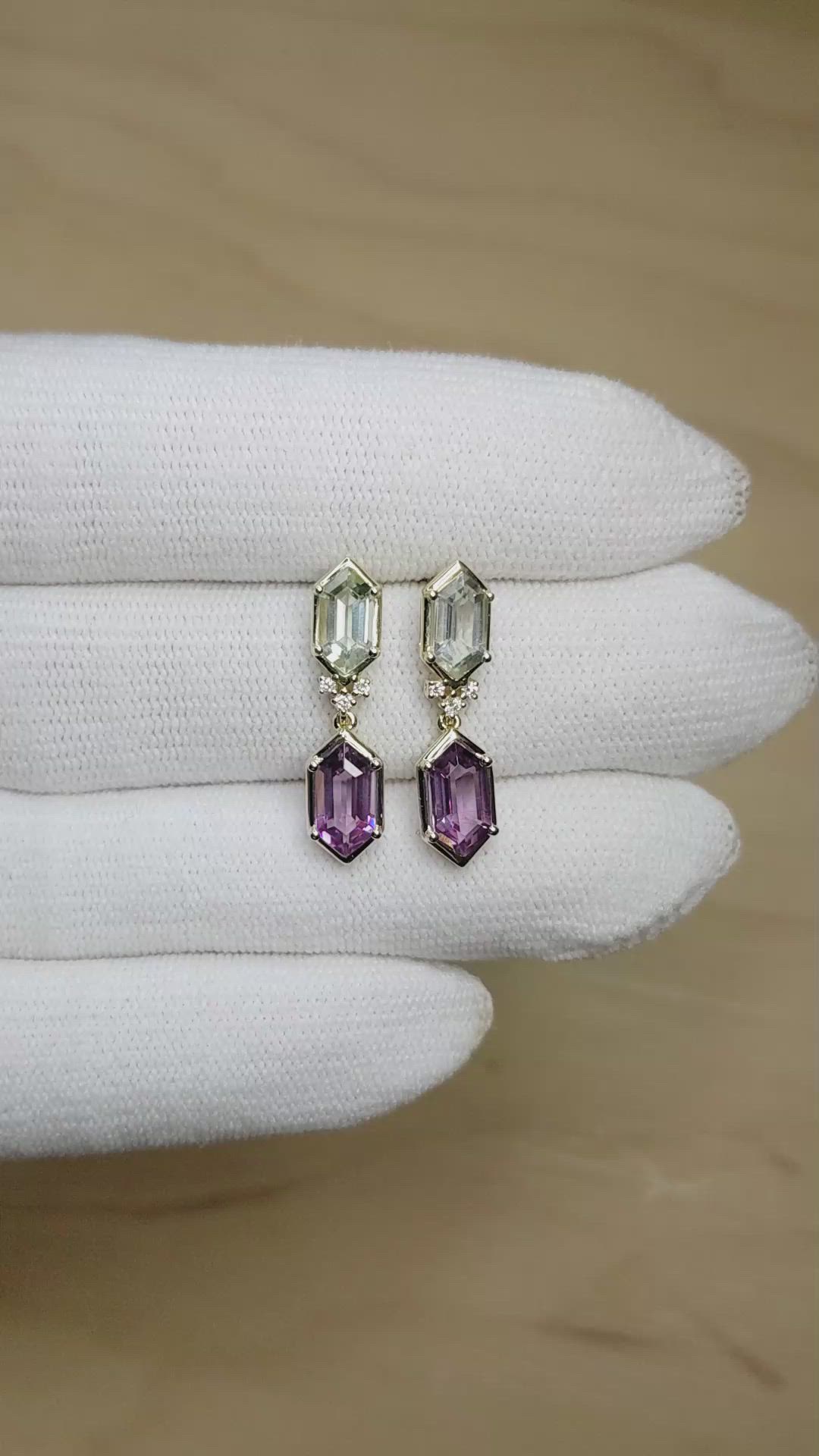3.31&nbsp;Ct.Tw.Total Carat Weight Purple Amethyst and Green Prasiolite Pave Earrings, 14K Yellow Gold Size Video