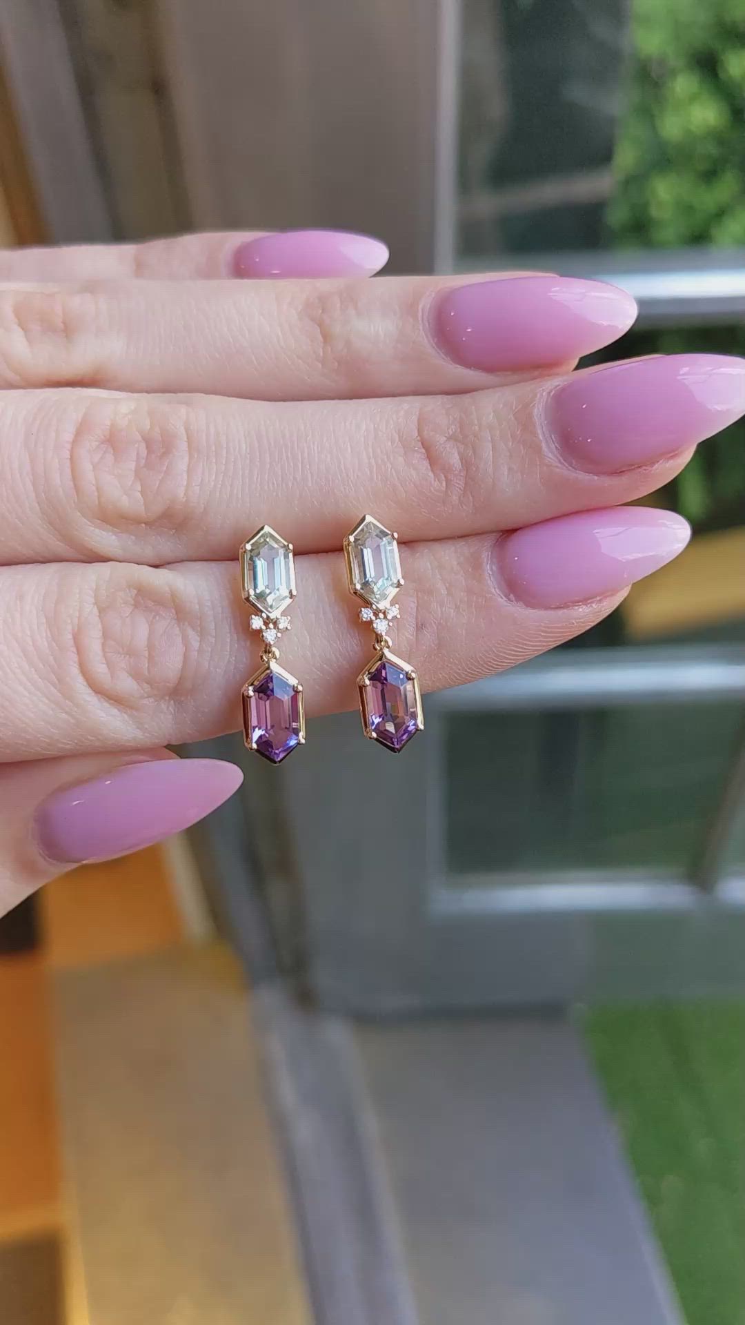 3.31&nbsp;Ct.Tw.Total Carat Weight Purple Amethyst and Green Prasiolite Pave Earrings, 14K Yellow Gold Size Video