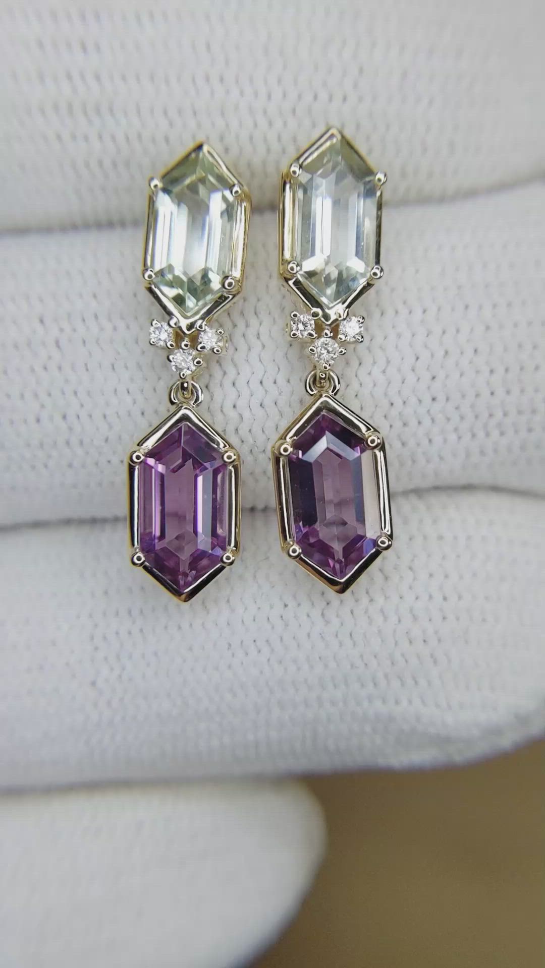 3.31&nbsp;Ct.Tw.Total Carat Weight Purple Amethyst and Green Prasiolite Pave Earrings, 14K Yellow Gold Size Video
