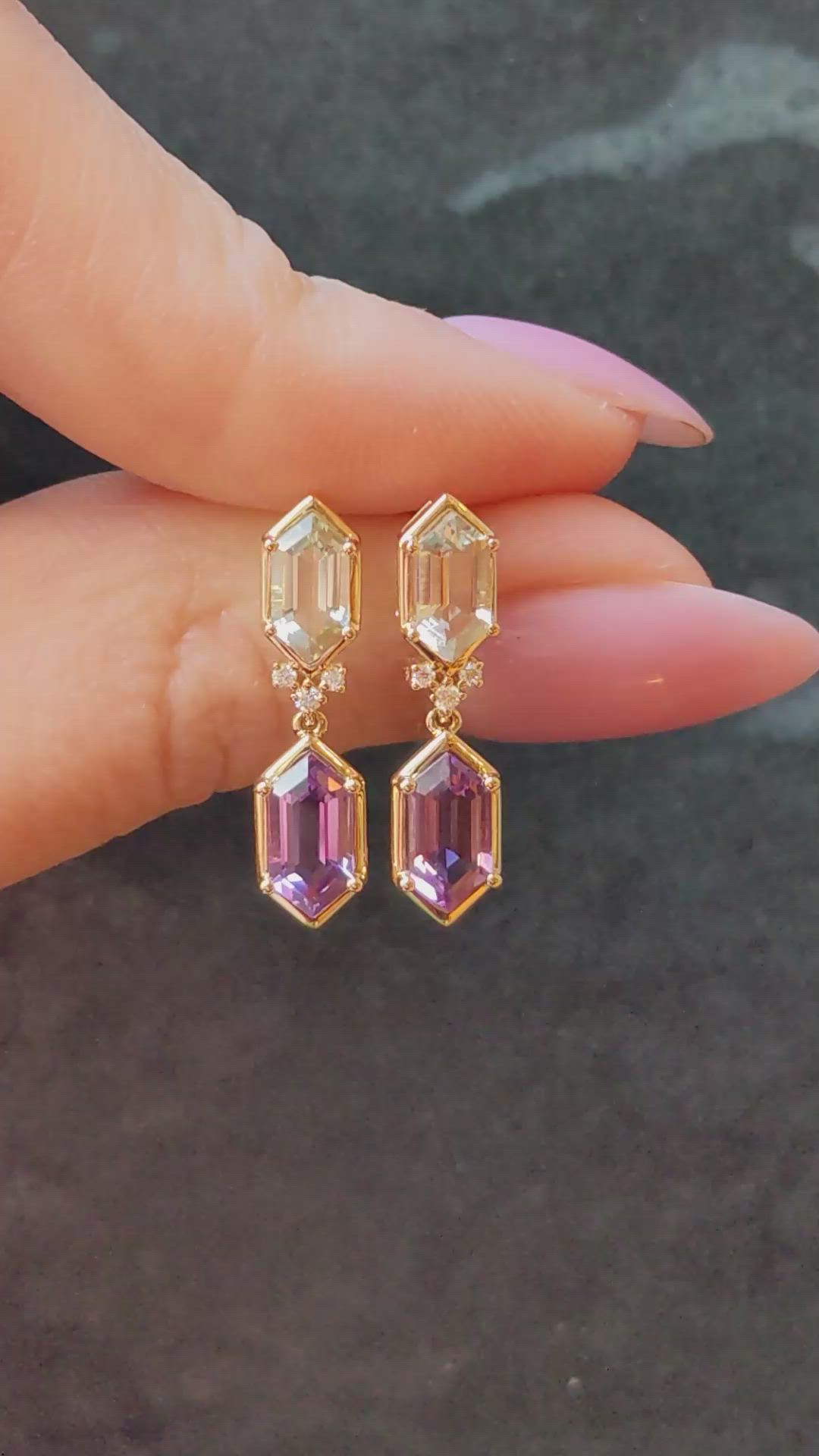 3.31&nbsp;Ct.Tw.Total Carat Weight Purple Amethyst and Green Prasiolite Pave Earrings, 14K Yellow Gold Size Video