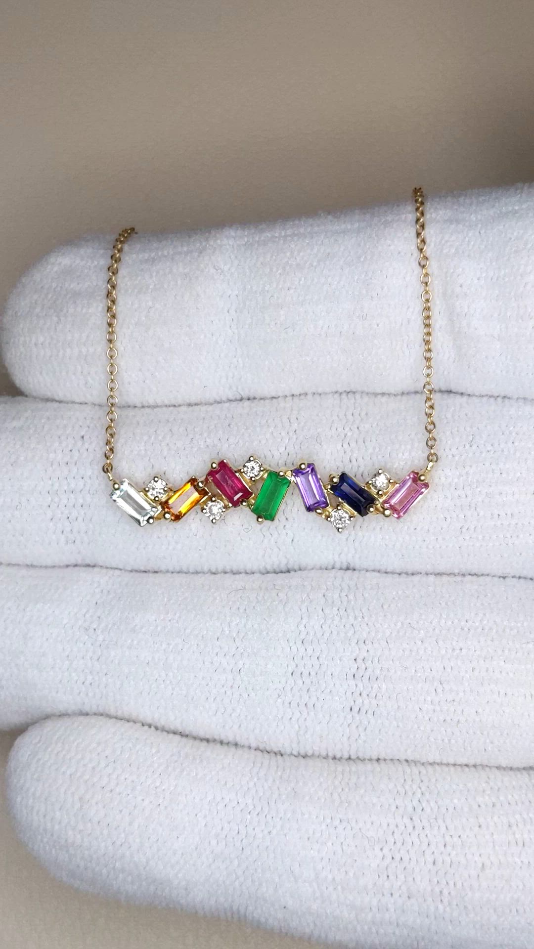 0.97&nbsp;Ct.Tw.Total Carat Weight Sapphire, Aquamarine, Ruby, Emerald, Amethyst and Natural Diamond Accent Stones Necklace, 14K Yellow Gold Size Video