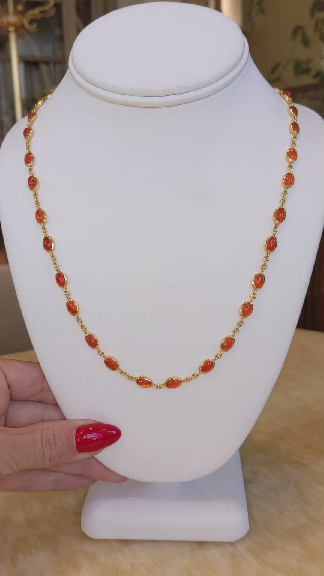 21.50 Ct. Orange Carnelian Bezel Necklace, 22K Gold Plated Silver Size Video