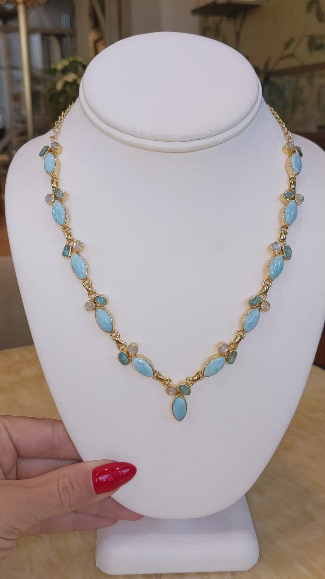 15.62 Ct.Tw.Total Carat Weight Blue Larimar, Rainbow Moonstone and Greenish Blue Apatite Bezel Necklace, 18K Gold Plated Silver Size Video