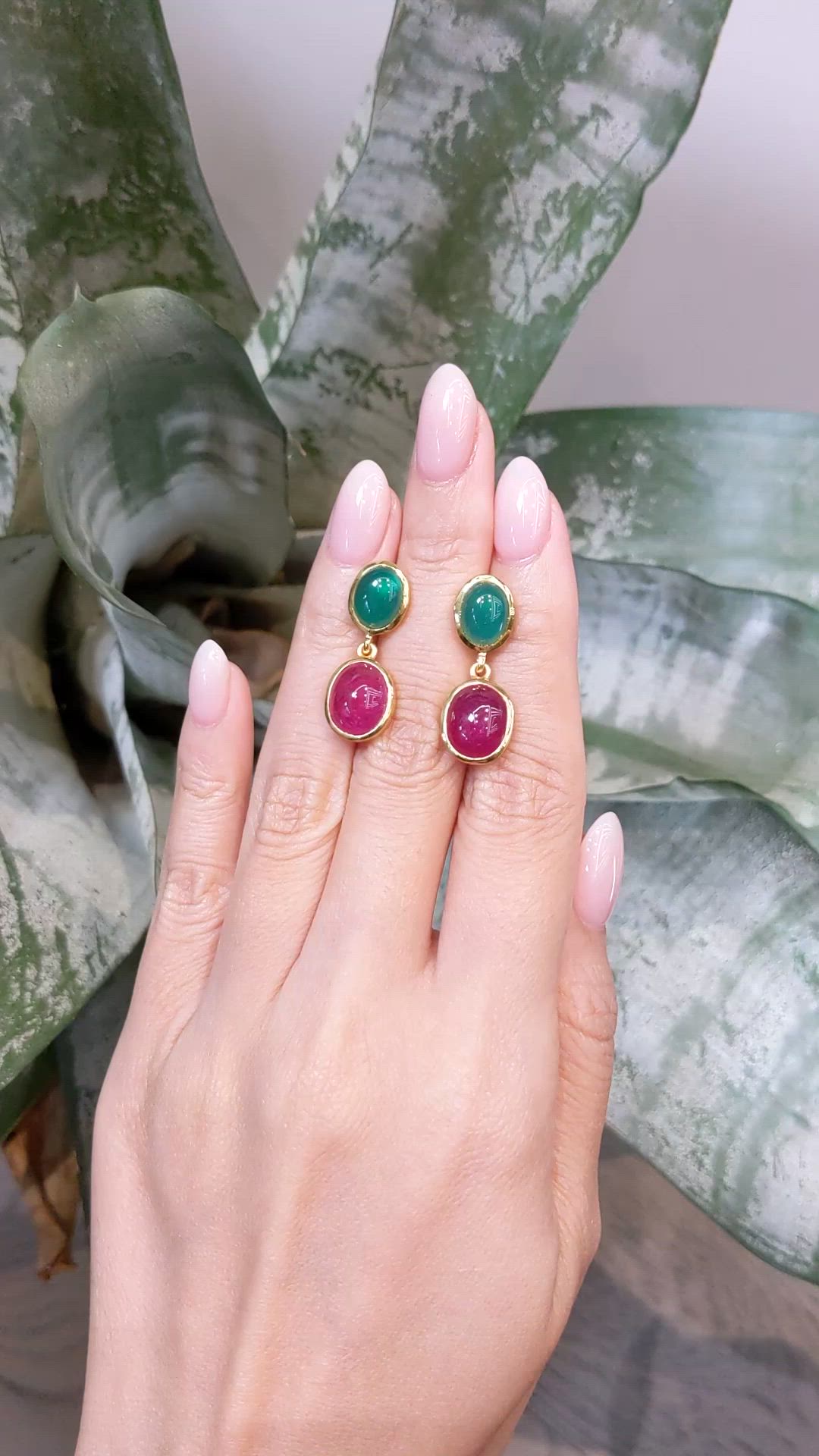 13.54 Ct.Tw.Total Carat Weight Ruby and Green Agate Studs Earrings, 22K Gold Plated Silver Size Video
