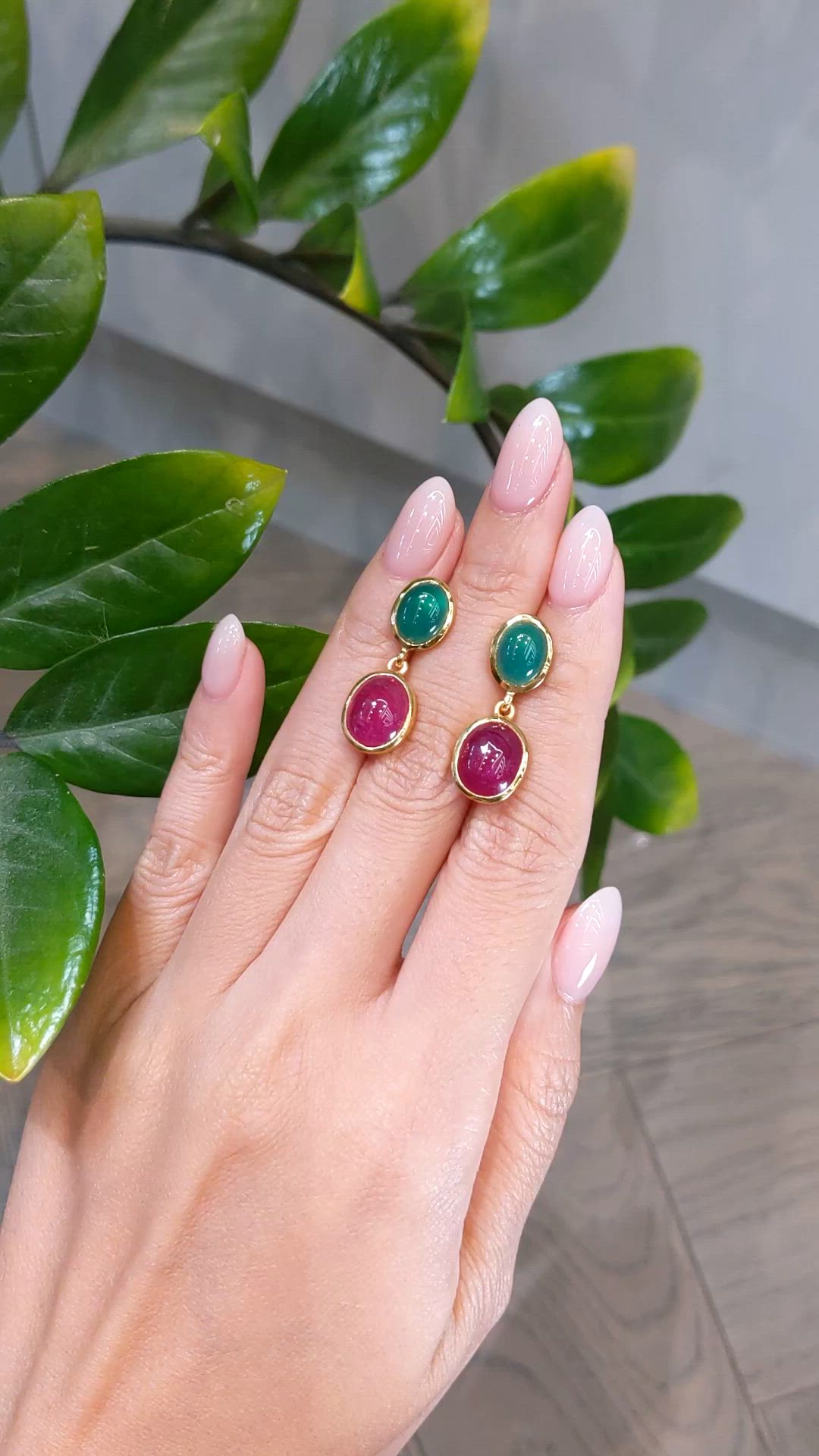 13.54 Ct.Tw.Total Carat Weight Ruby and Green Agate Studs Earrings, 22K Gold Plated Silver Size Video