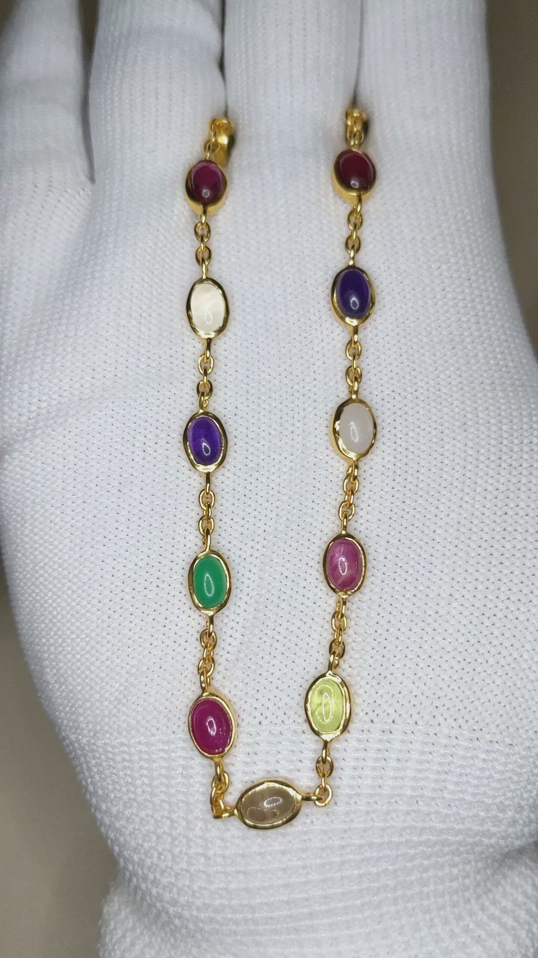 2.47 Ct.Tw.Total Carat Weight Ruby, Peridot, Amethyst, Quartz, Moonstone and Agate Bezel Necklace, 22K Gold Plated Silver Size Video