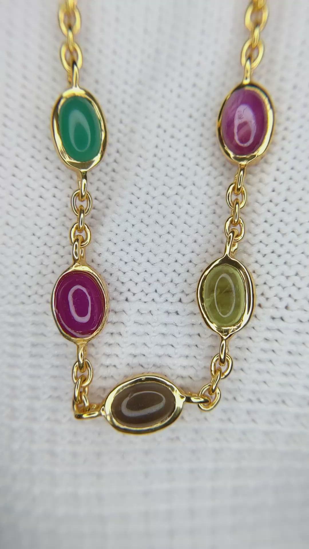 2.47 Ct.Tw.Total Carat Weight Ruby, Peridot, Amethyst, Quartz, Moonstone and Agate Bezel Necklace, 22K Gold Plated Silver Size Video