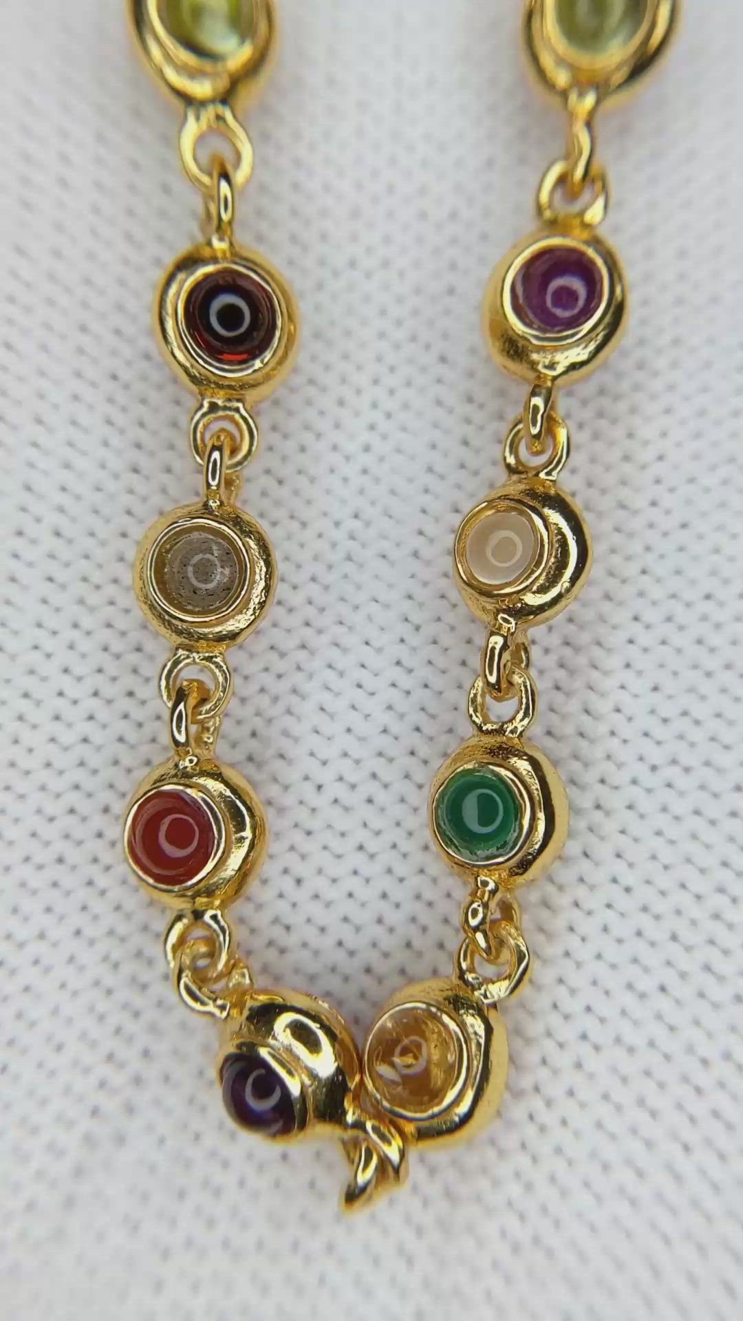 7.75 Ct.Tw.Total Carat Weight Ruby, Garnet, Peridot, Amethyst, Citrine, Agate, Quartz, Carnelian and Moonstone Multi Stone Necklace, 22K Gold Plated Silver Size Video
