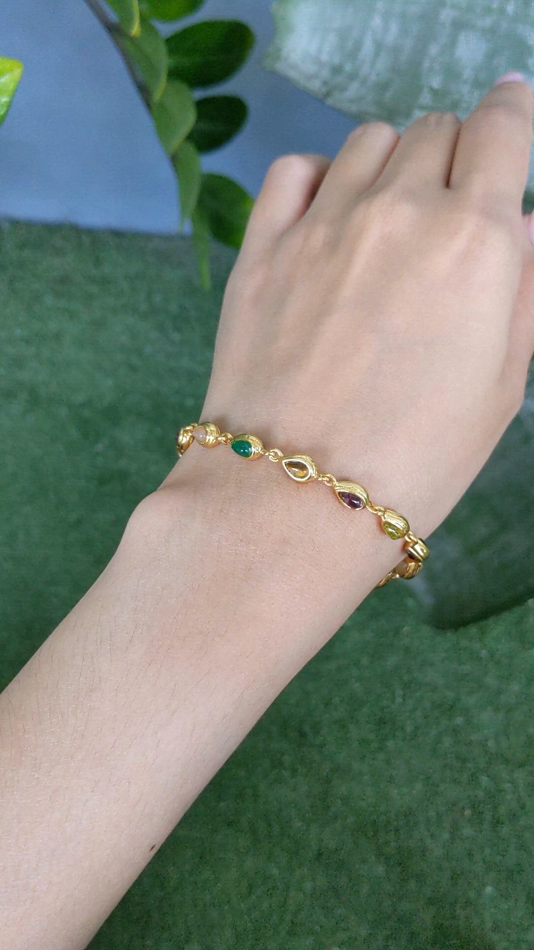 4.38&nbsp;Ct.Tw.Total Carat Weight Ruby, Moonstone, Tiger's Eye, Agate, Sapphire, Garnet, Citrine and Amethyst Bezel Bracelet, 22K Gold Plated Silver Size Video