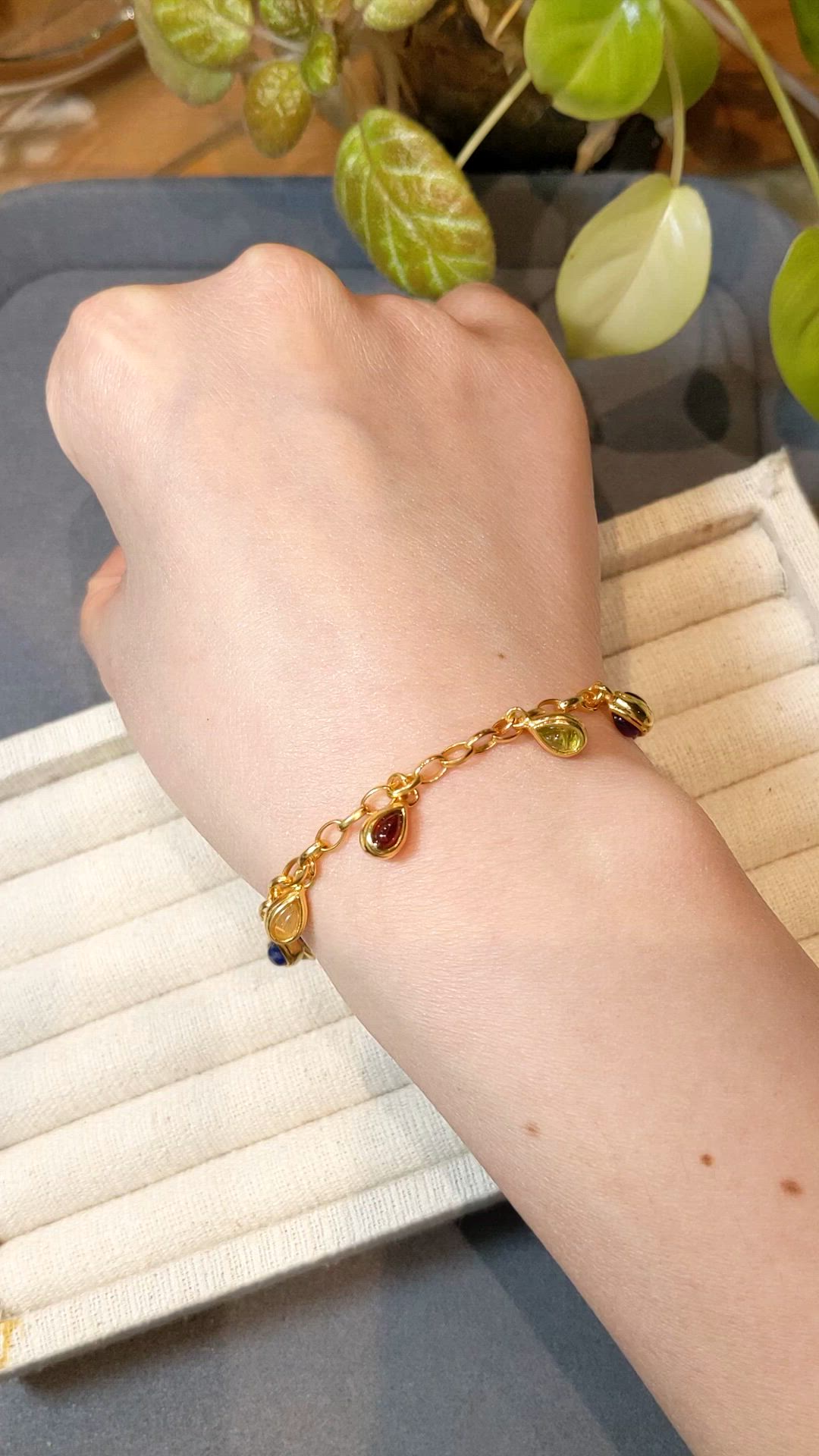 3.38&nbsp;Ct.Tw.Total Carat Weight Tiger's Eye, Moonstone, Ruby, Sapphire, Garnet, Peridot and Amethyst Bezel Bracelet, 22K Gold Plated Silver Size Video