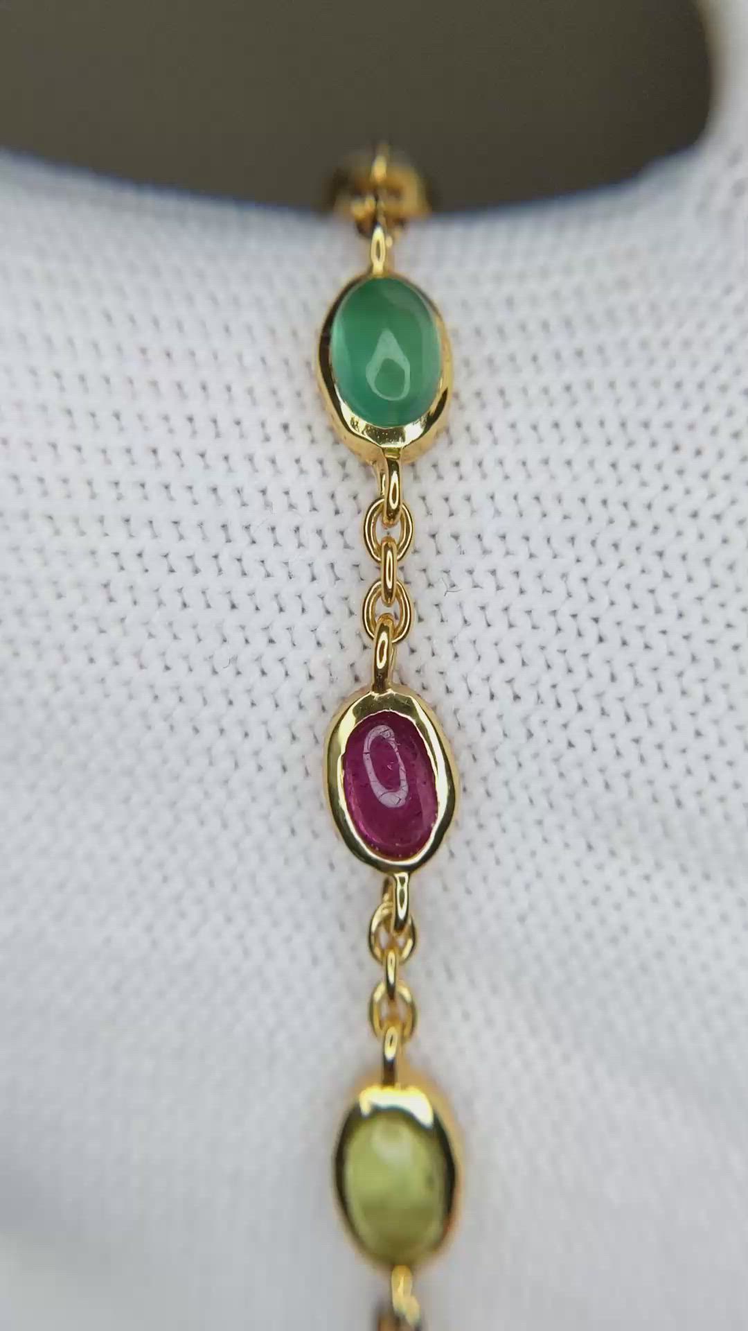 4.87&nbsp;Ct.Tw.Total Carat Weight Amethyst, Agate, Moonstone, Ruby, Peridot, Citrine and Carnelian Bezel Bracelet, 22K Gold Plated Silver Size Video