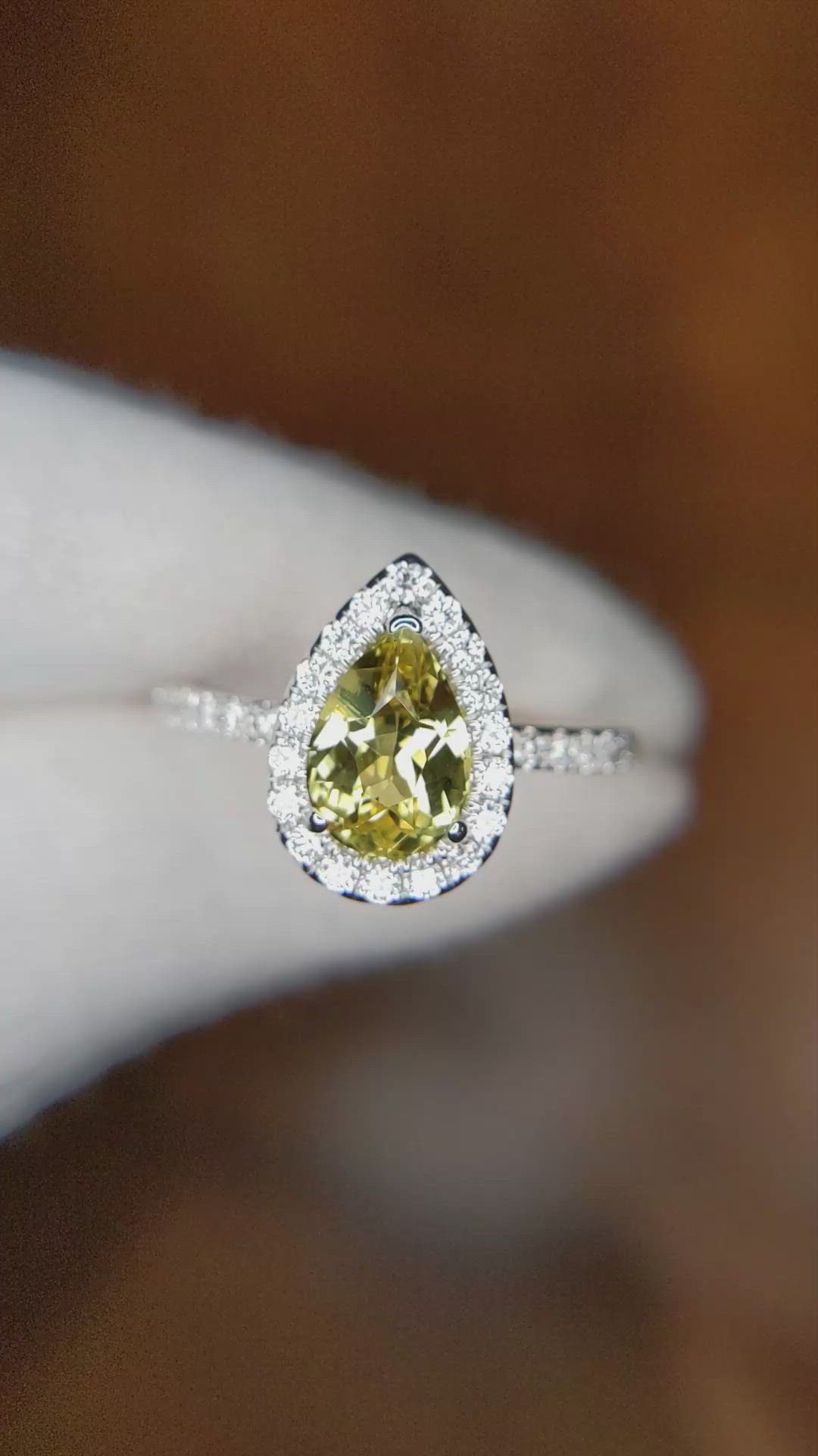 1.47 Ct. Yellowish Green Chrysoberyl and Natural Diamond Pave Ring, 14K White Gold Size Video