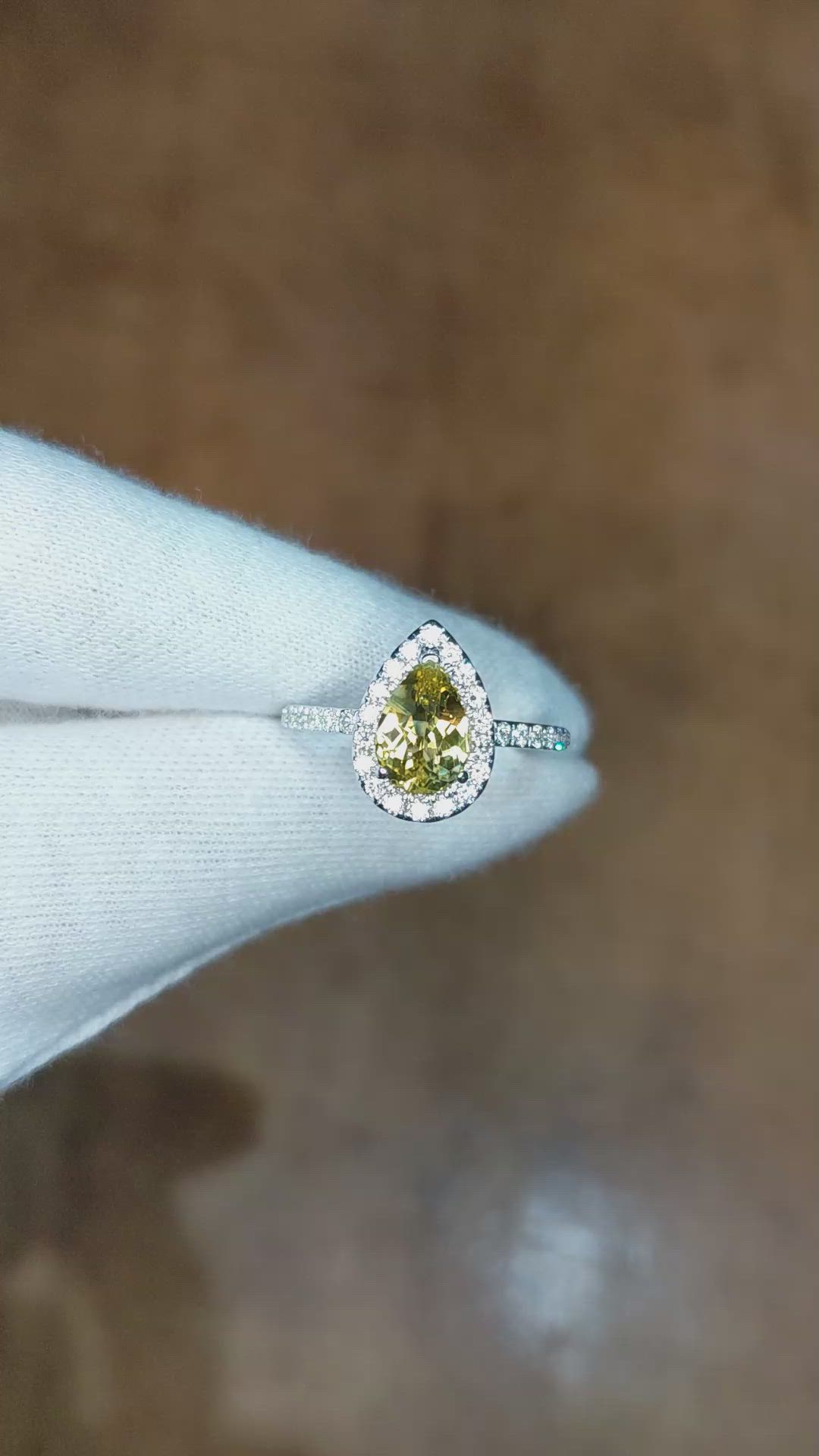 1.47 Ct. Yellowish Green Chrysoberyl and Natural Diamond Pave Ring, 14K White Gold Size Video