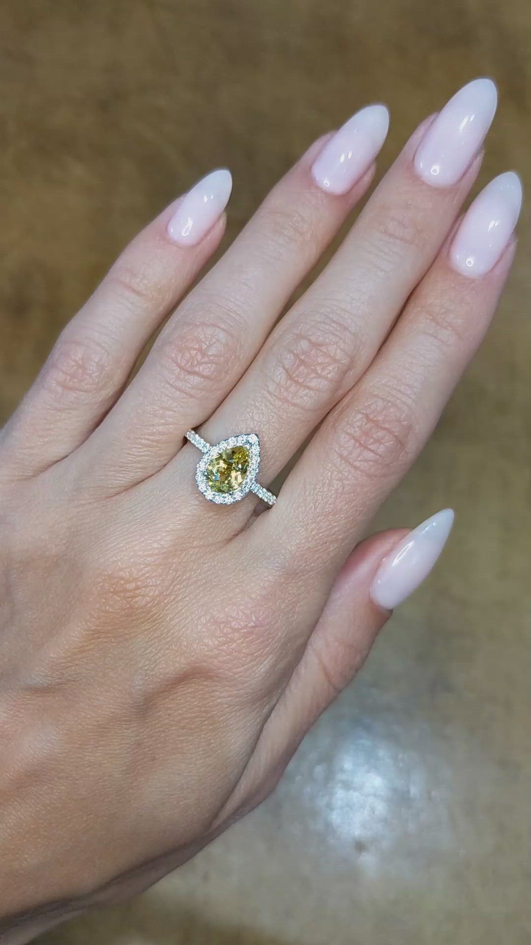 1.47 Ct. Yellowish Green Chrysoberyl and Natural Diamond Pave Ring, 14K White Gold Size Video