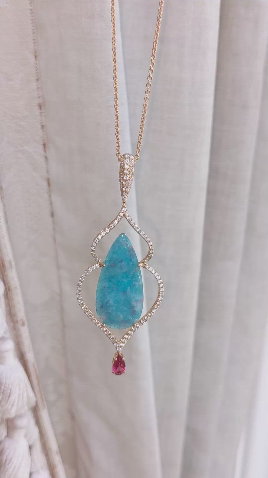8.93 Ct. Electric Blue Paraiba Tourmaline, Natural Diamond and Pink Tourmaline Pave Pendant, 18K Rose Gold Size Video
