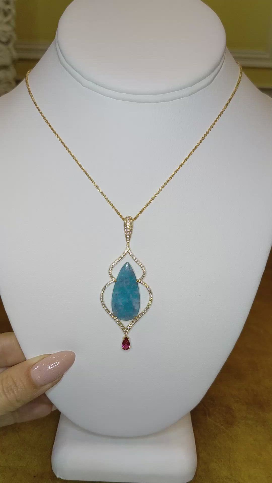 8.93 Ct. Electric Blue Paraiba Tourmaline, Natural Diamond and Pink Tourmaline Pave Pendant, 18K Rose Gold Size Video