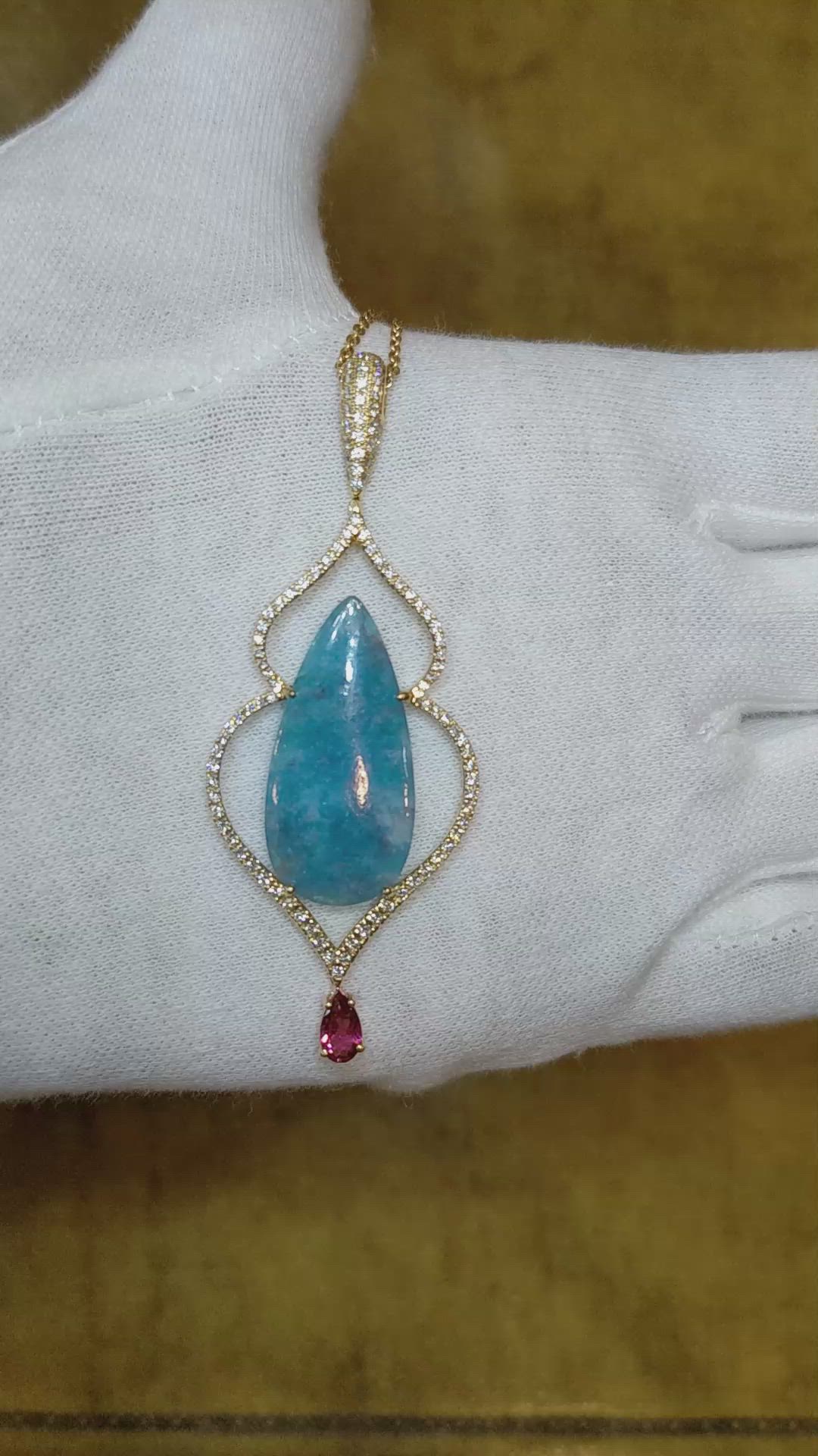 8.93 Ct. Electric Blue Paraiba Tourmaline, Natural Diamond and Pink Tourmaline Pave Pendant, 18K Rose Gold Size Video