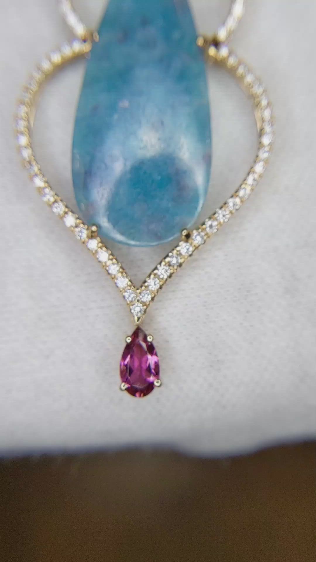 8.93 Ct. Electric Blue Paraiba Tourmaline, Natural Diamond and Pink Tourmaline Pave Pendant, 18K Rose Gold Size Video