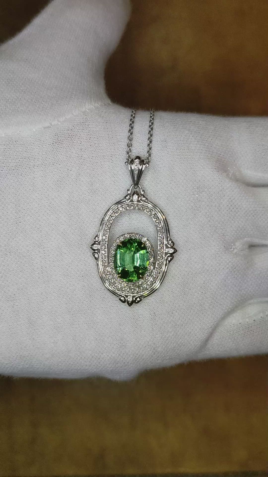 3.73 Ct. Green Garnet and Natural Diamond Pave Pendant, 18K White & Yellow Size Video