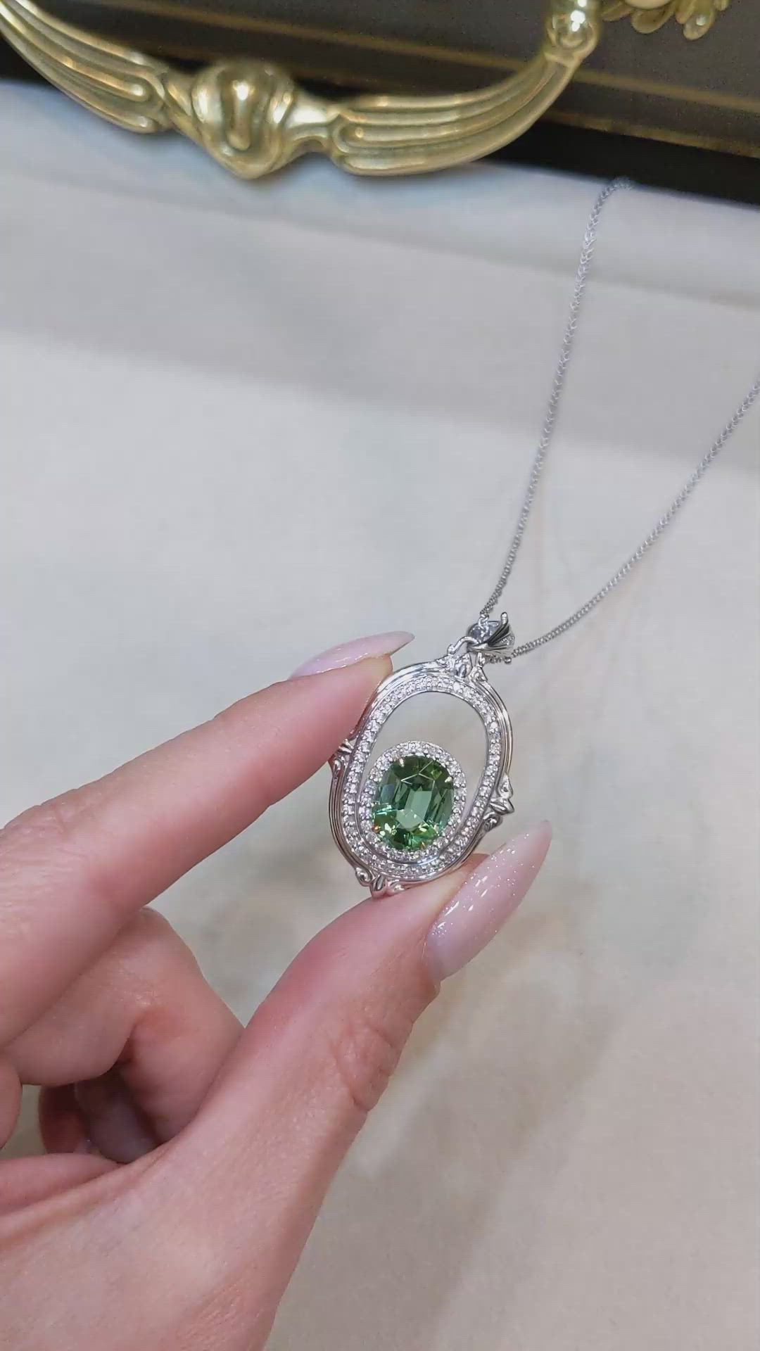 3.73 Ct. Green Garnet and Natural Diamond Pave Pendant, 18K White & Yellow Size Video