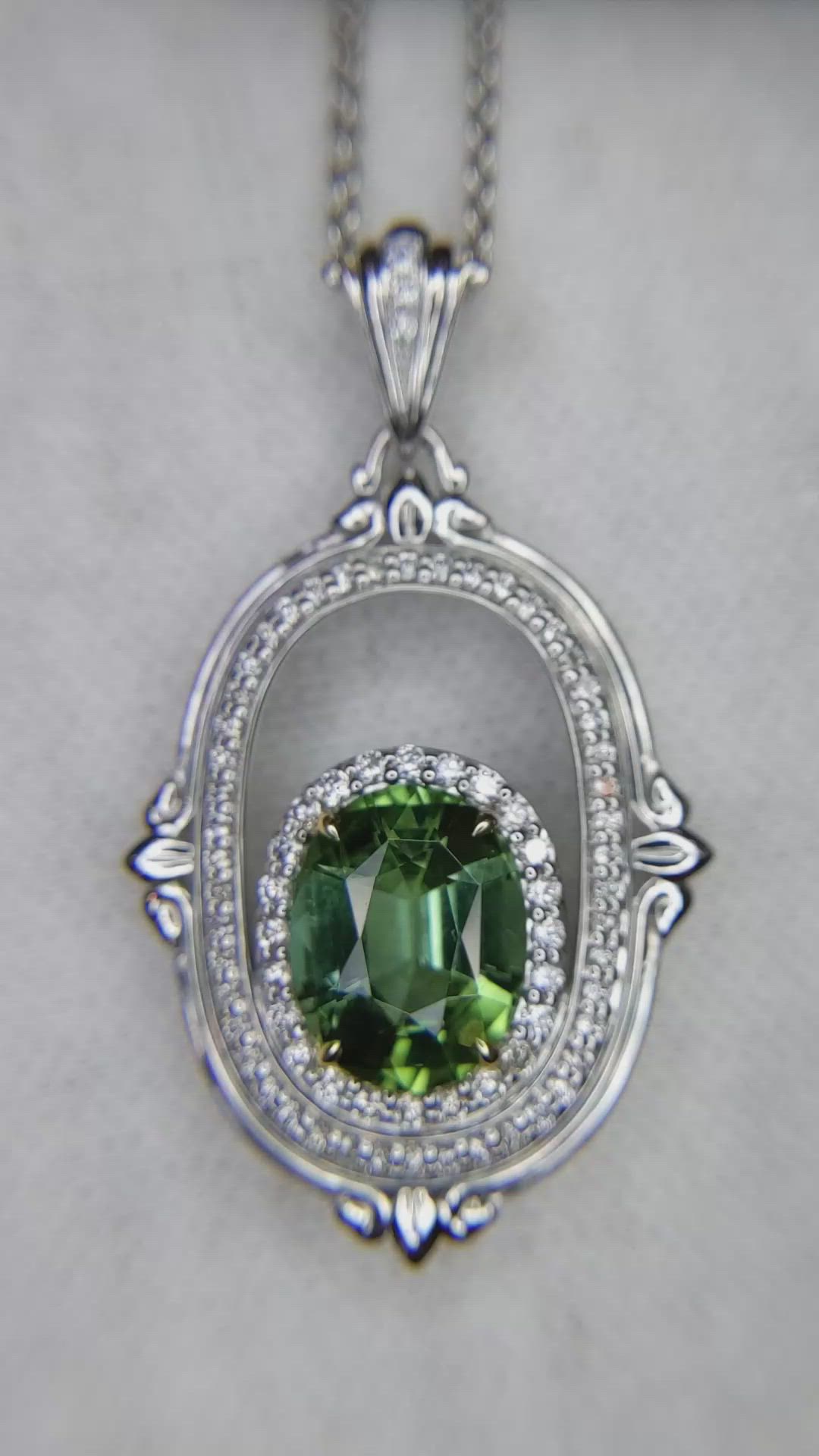 3.73 Ct. Green Garnet and Natural Diamond Pave Pendant, 18K White & Yellow Size Video