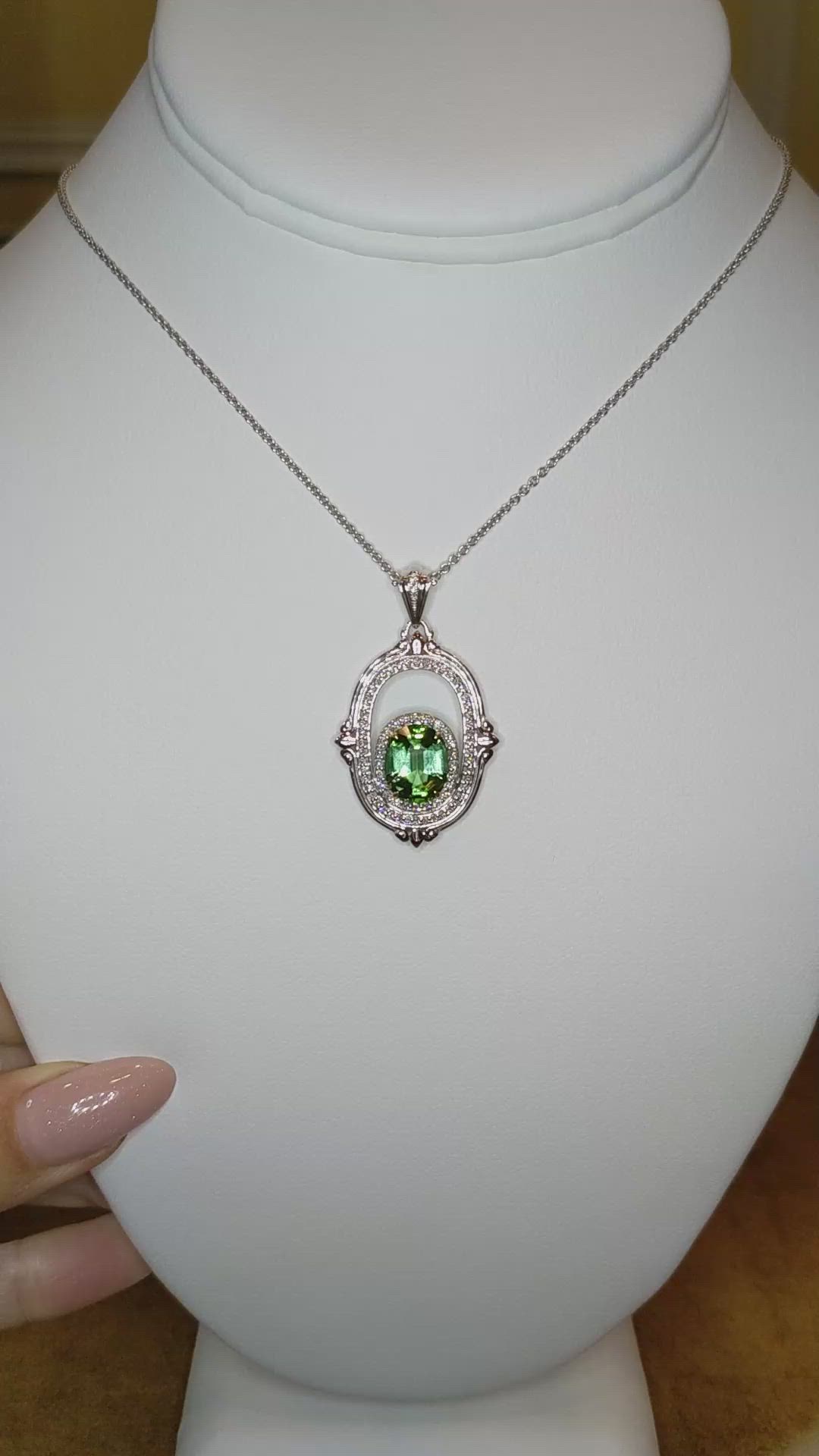 3.73 Ct. Green Garnet and Natural Diamond Pave Pendant, 18K White & Yellow Size Video