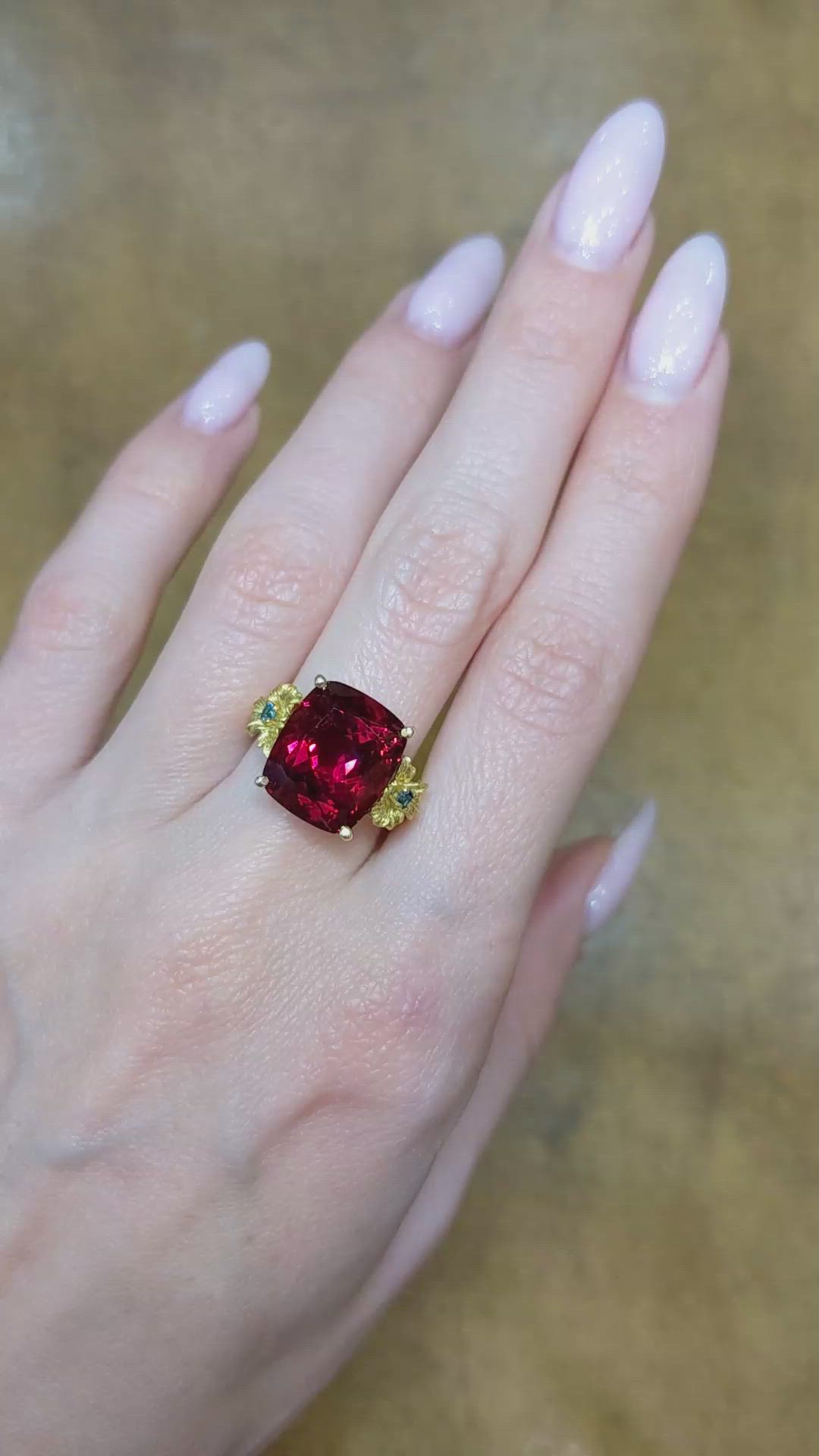 8.90 Ct. Red Rubellite Tourmaline and Blue Sapphire Antique Style Ring, 18K Yellow Gold Size Video