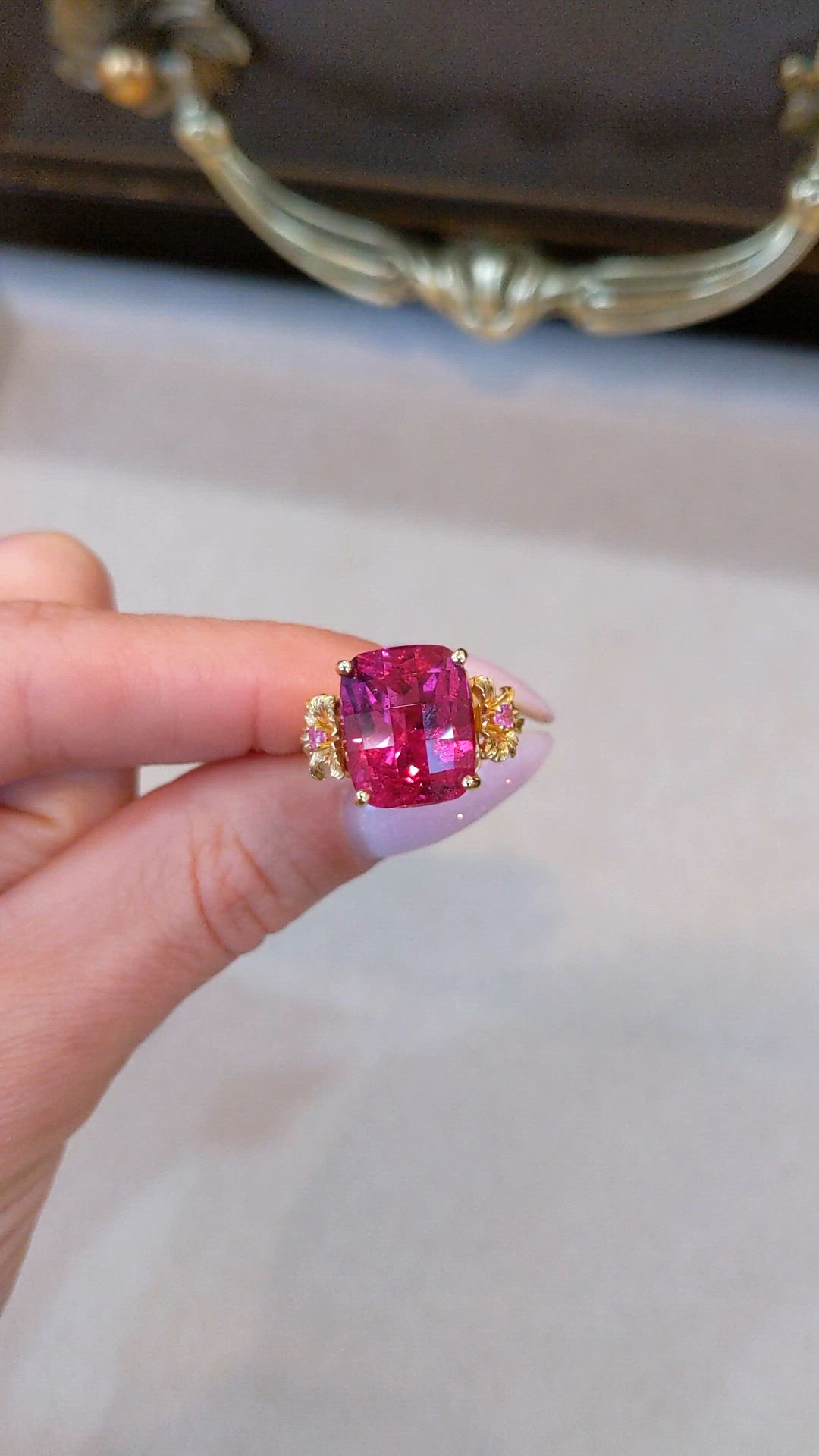 8.05 Ct. Pinkish Red Rubellite Tourmaline and Pink Sapphire Antique Style Ring, 18K Yellow Gold Size Video