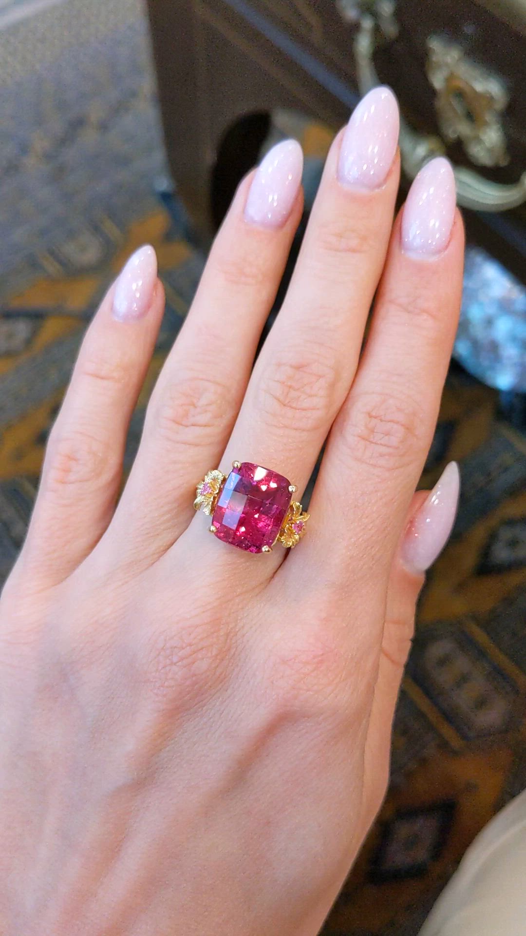 8.05 Ct. Pinkish Red Rubellite Tourmaline and Pink Sapphire Antique Style Ring, 18K Yellow Gold Size Video